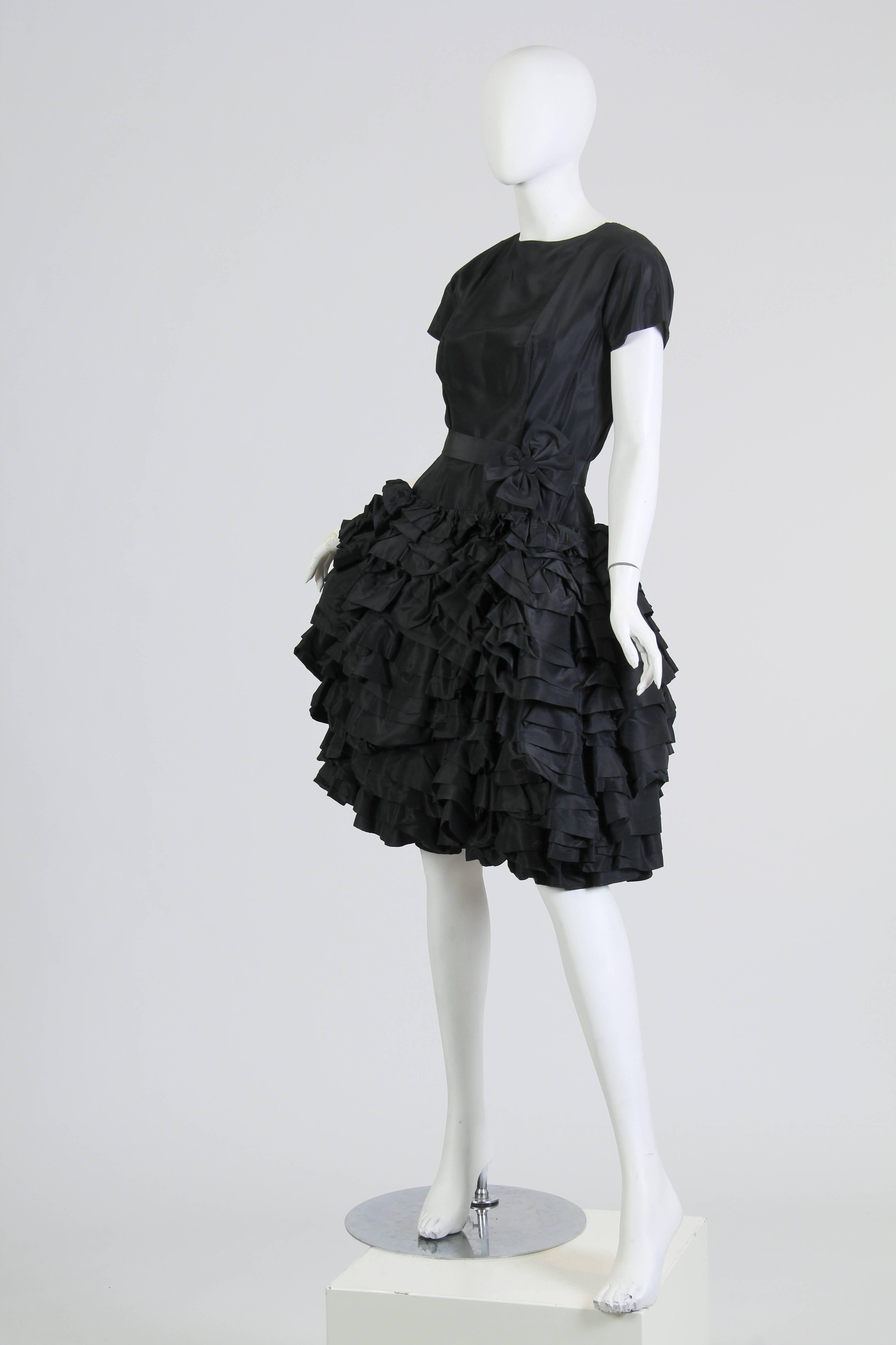 Women's 1950S PAULA WHITNEY Black Haute Couture Silk Taffeta Amazing Ruffled Poof Ball  For Sale