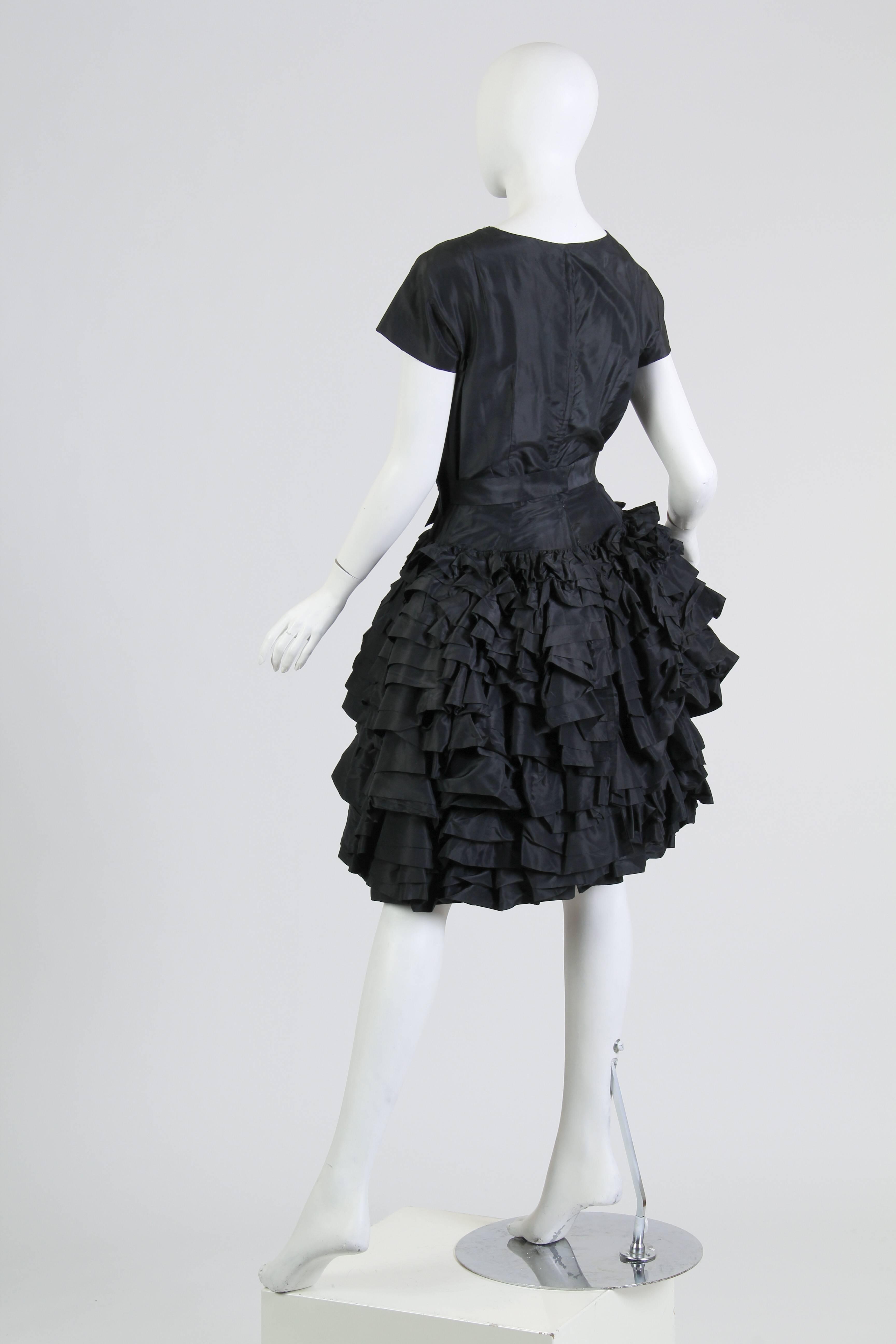 1950S PAULA WHITNEY Black Haute Couture Silk Taffeta Amazing Ruffled Poof Ball  For Sale 1