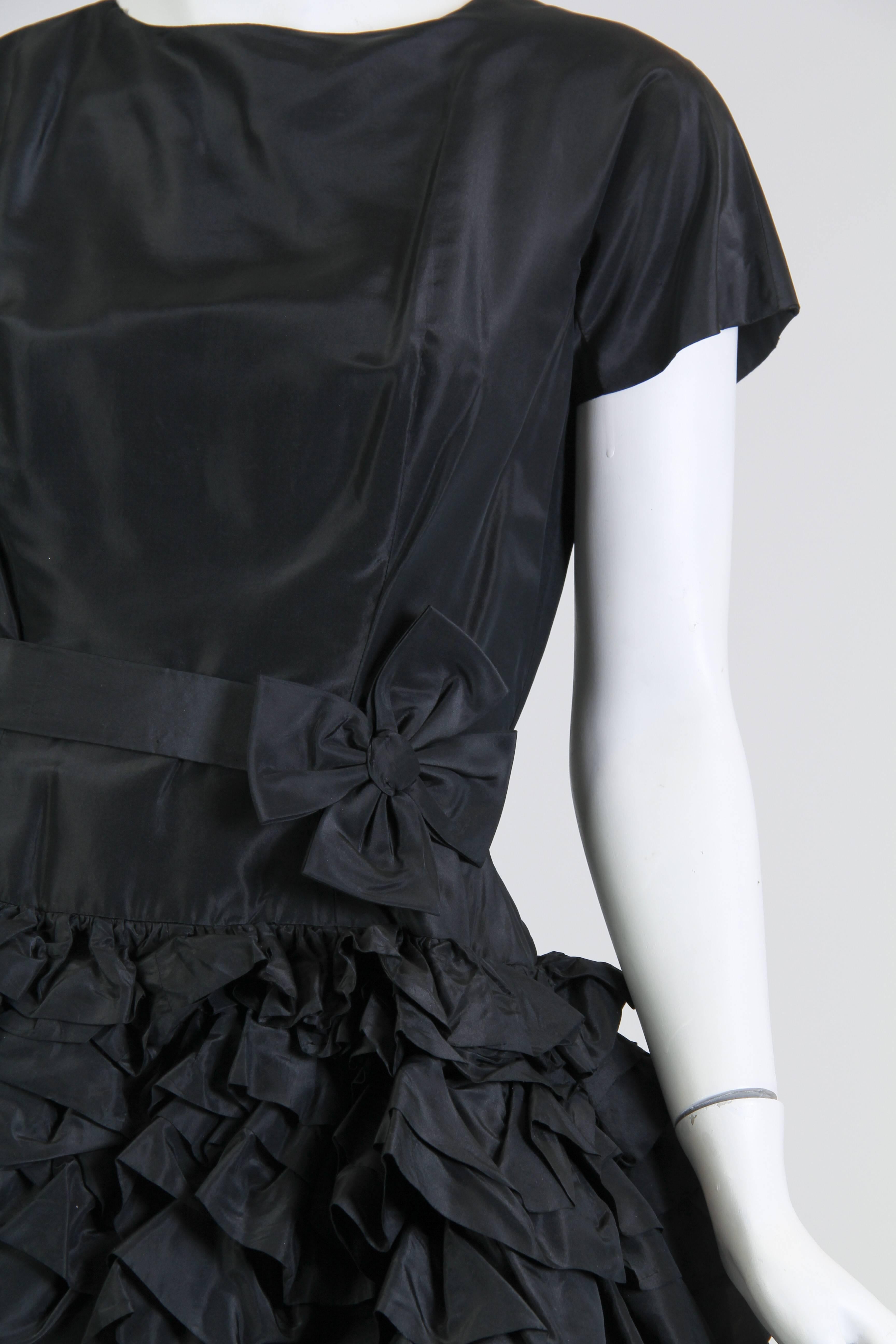 1950S PAULA WHITNEY Black Haute Couture Silk Taffeta Amazing Ruffled Poof Ball  For Sale 4