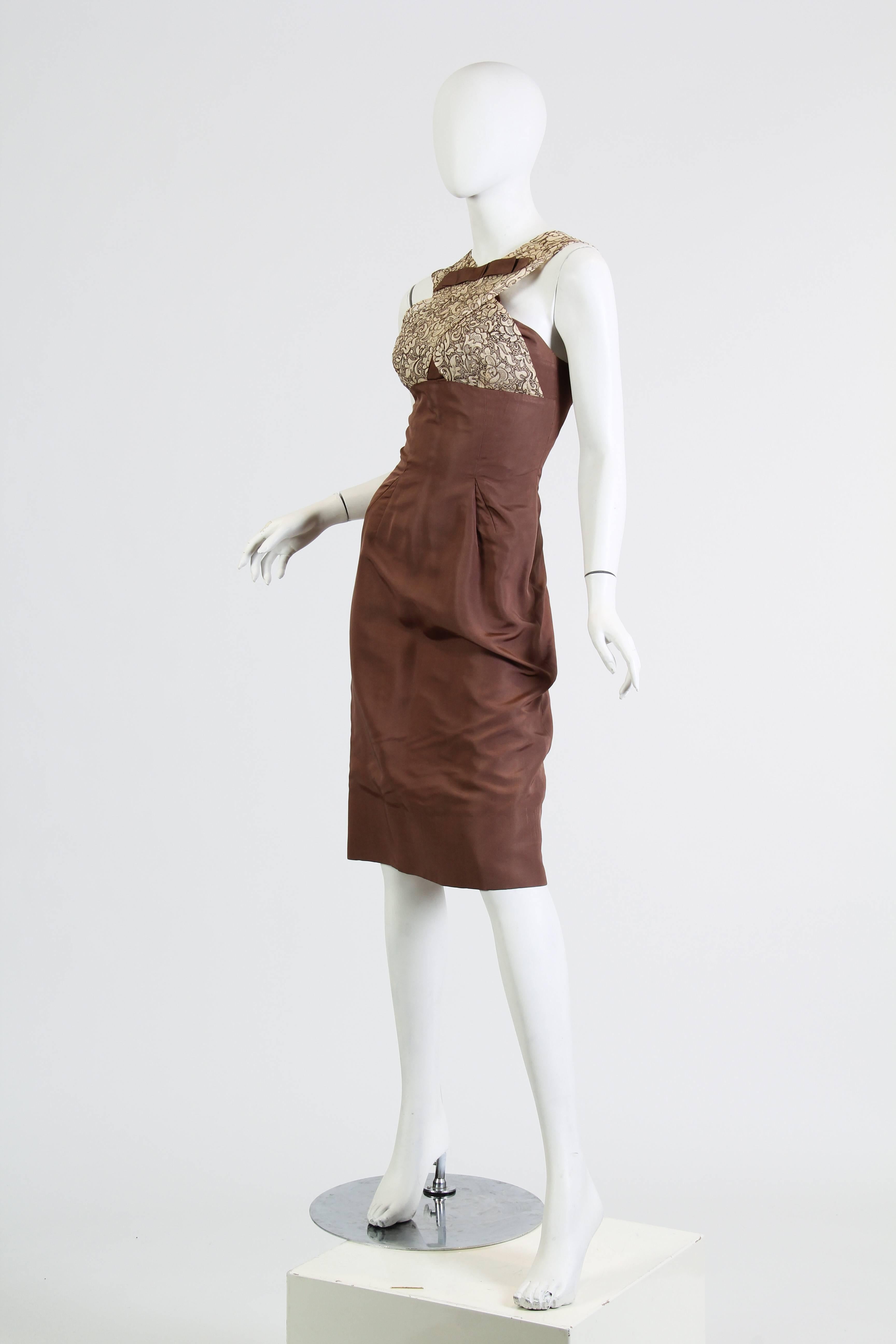 1950S OLEG CASSINI Chocolate Brown Silk Faille Jackie-O Style Dress With Lace Bodice