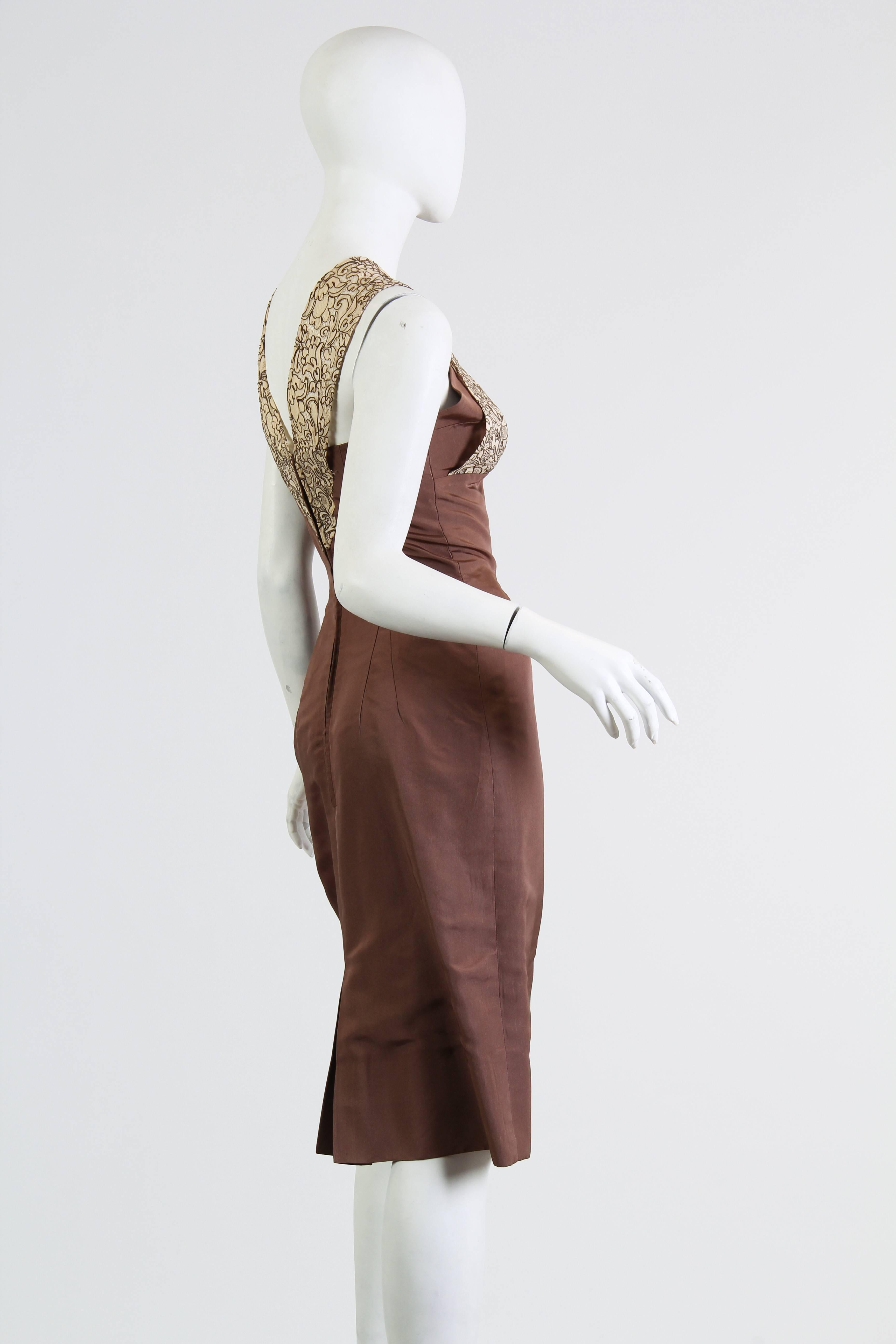 1950S OLEG CASSINI Chocolate Brown Silk Faille Jackie-O Style Dress With Lace B In Excellent Condition In New York, NY