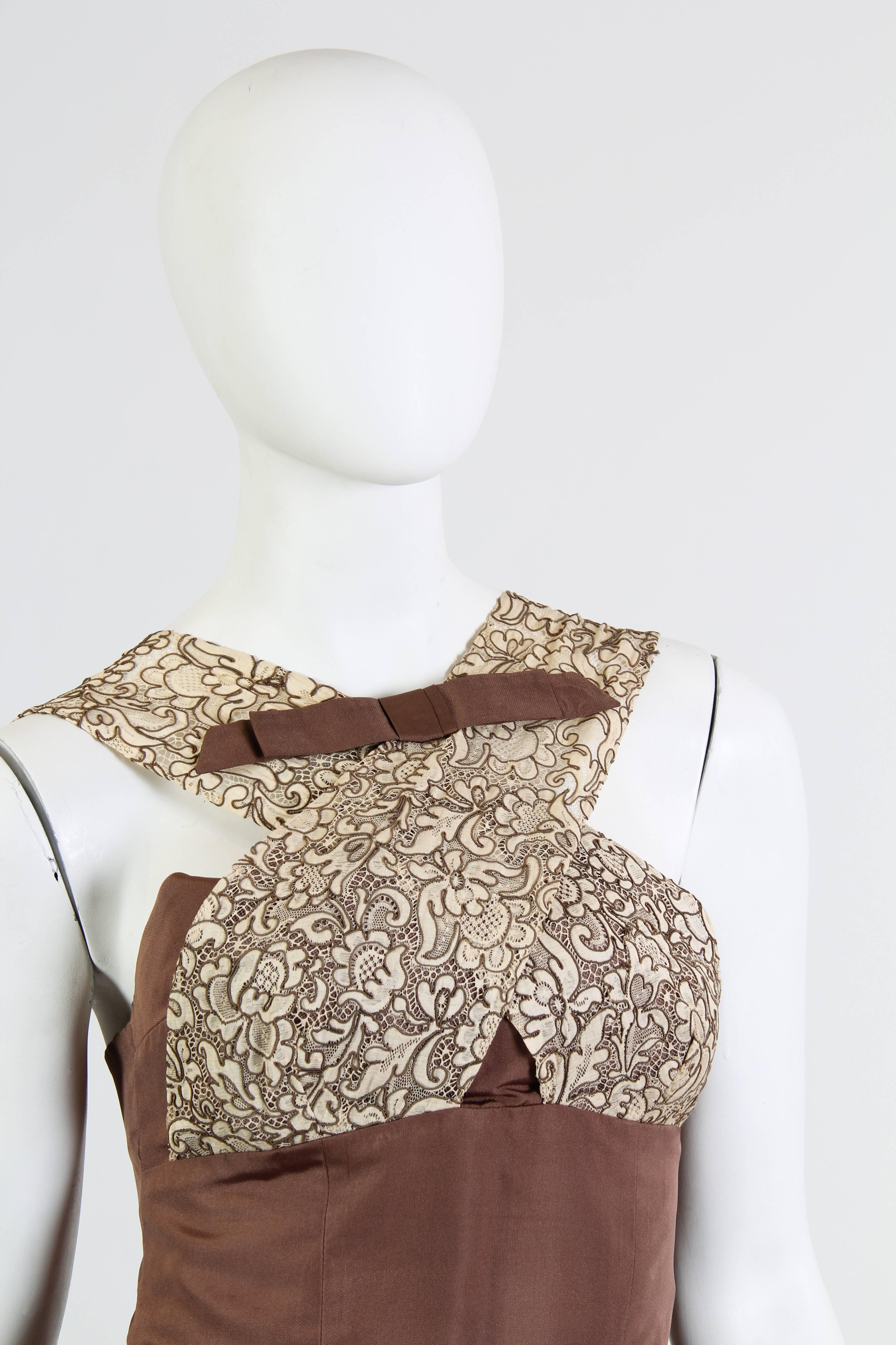 Women's 1950S OLEG CASSINI Chocolate Brown Silk Faille Jackie-O Style Dress With Lace B