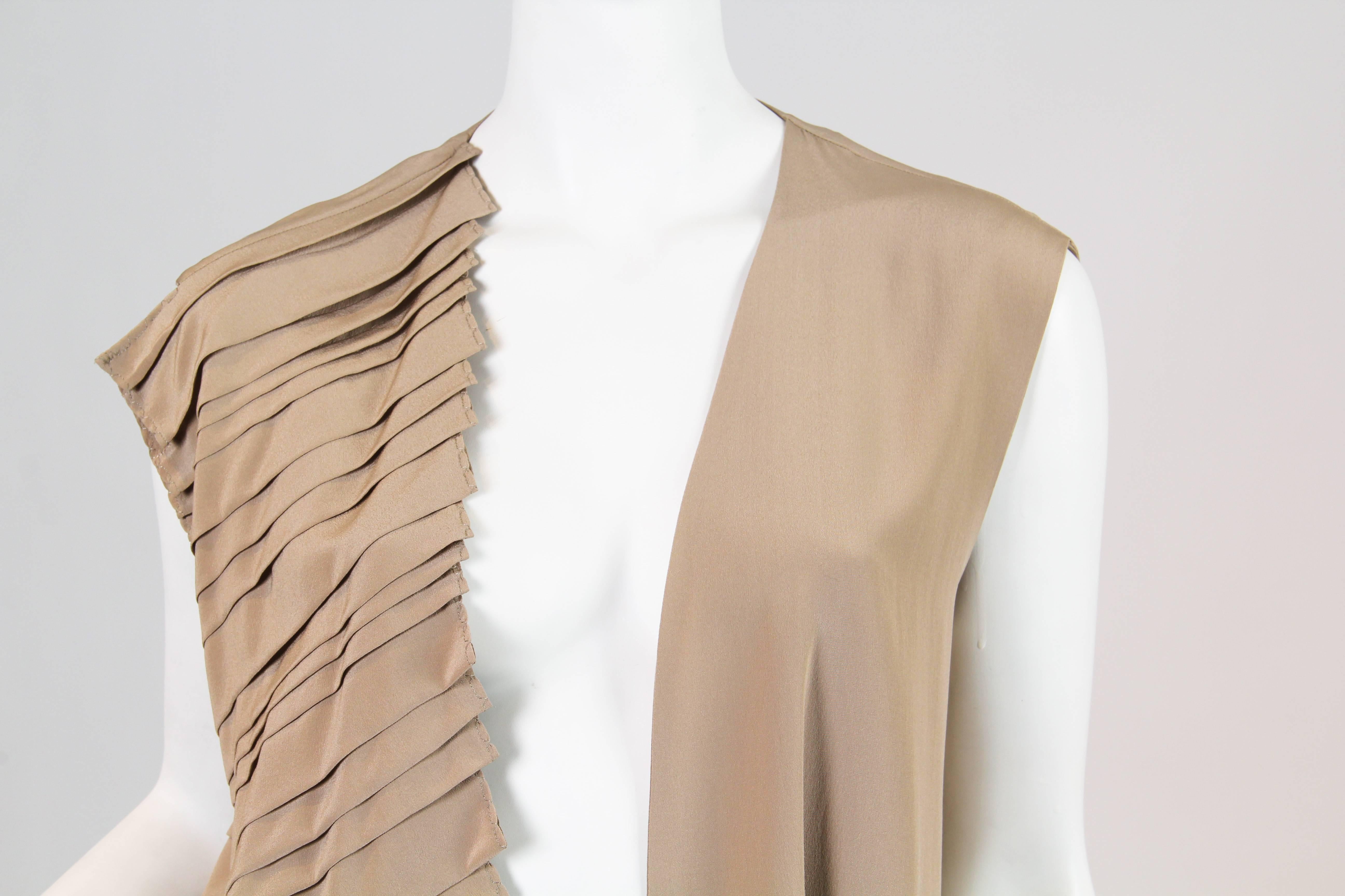 1990S GIANFRANCO FERRE Camel Silk Crepe De Chine Asymmetrically Pleated  Top 3