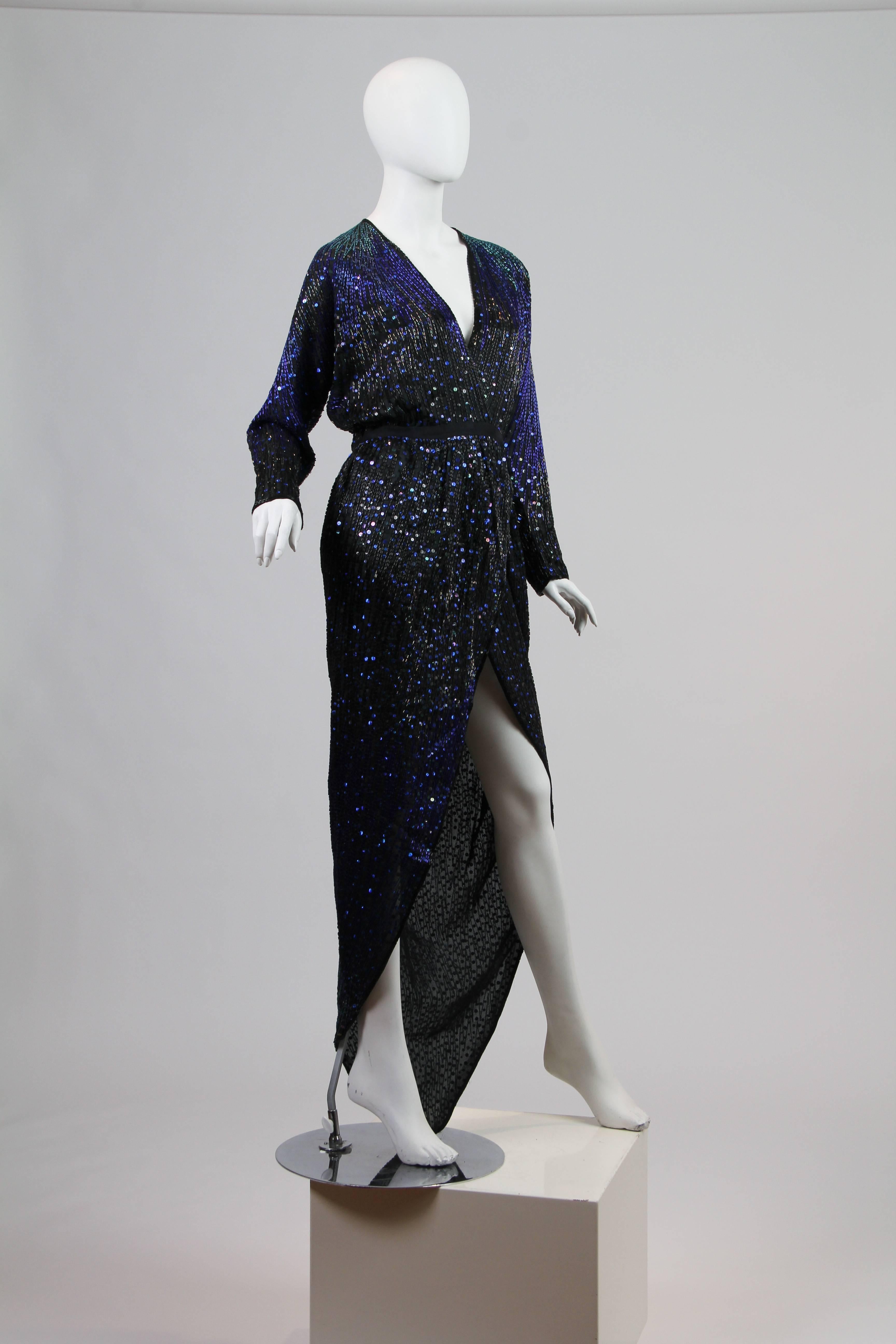 Black Halston Fully Beaded Gown with High Wrap Slit