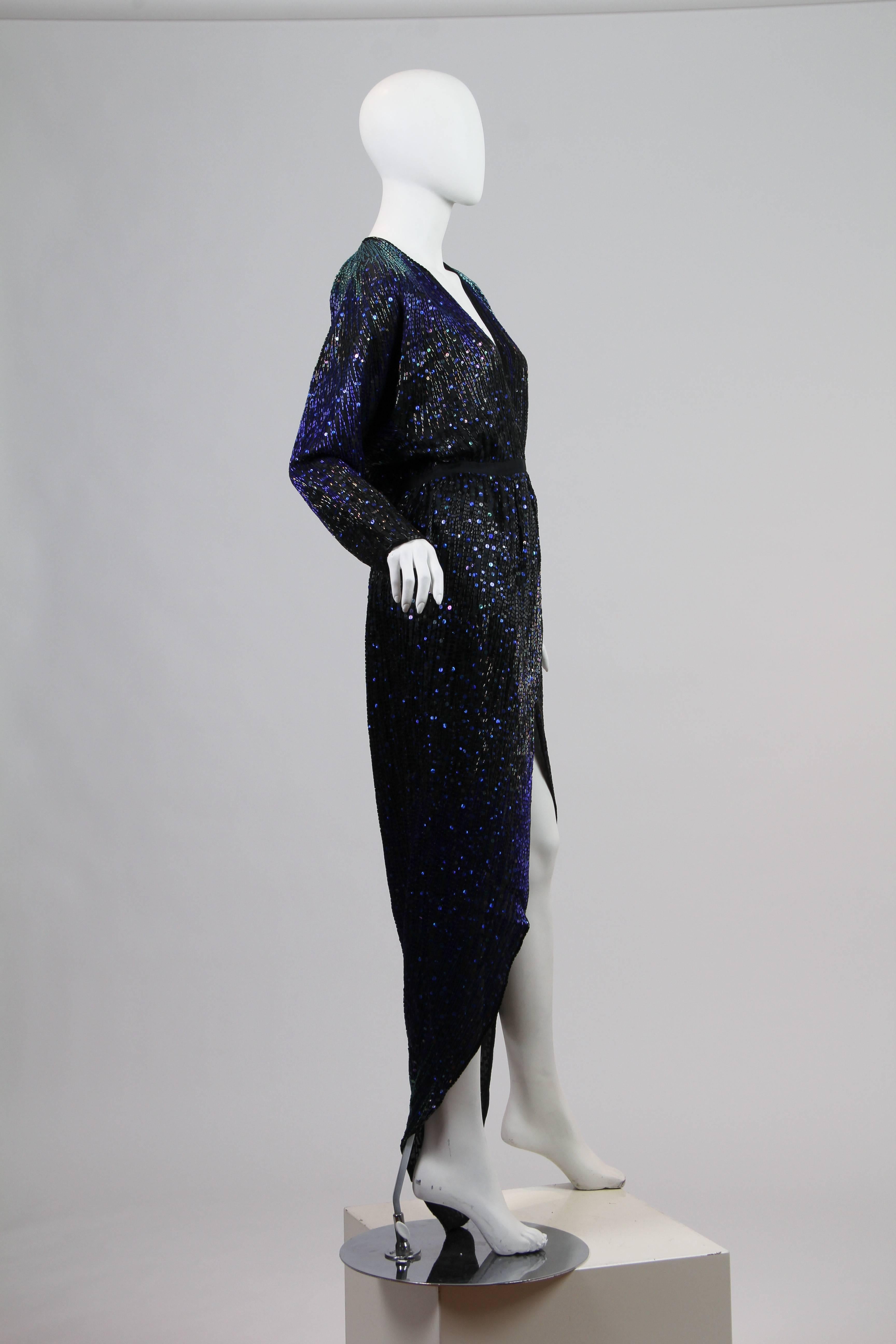 Halston Fully Beaded Gown with High Wrap Slit In Excellent Condition In New York, NY