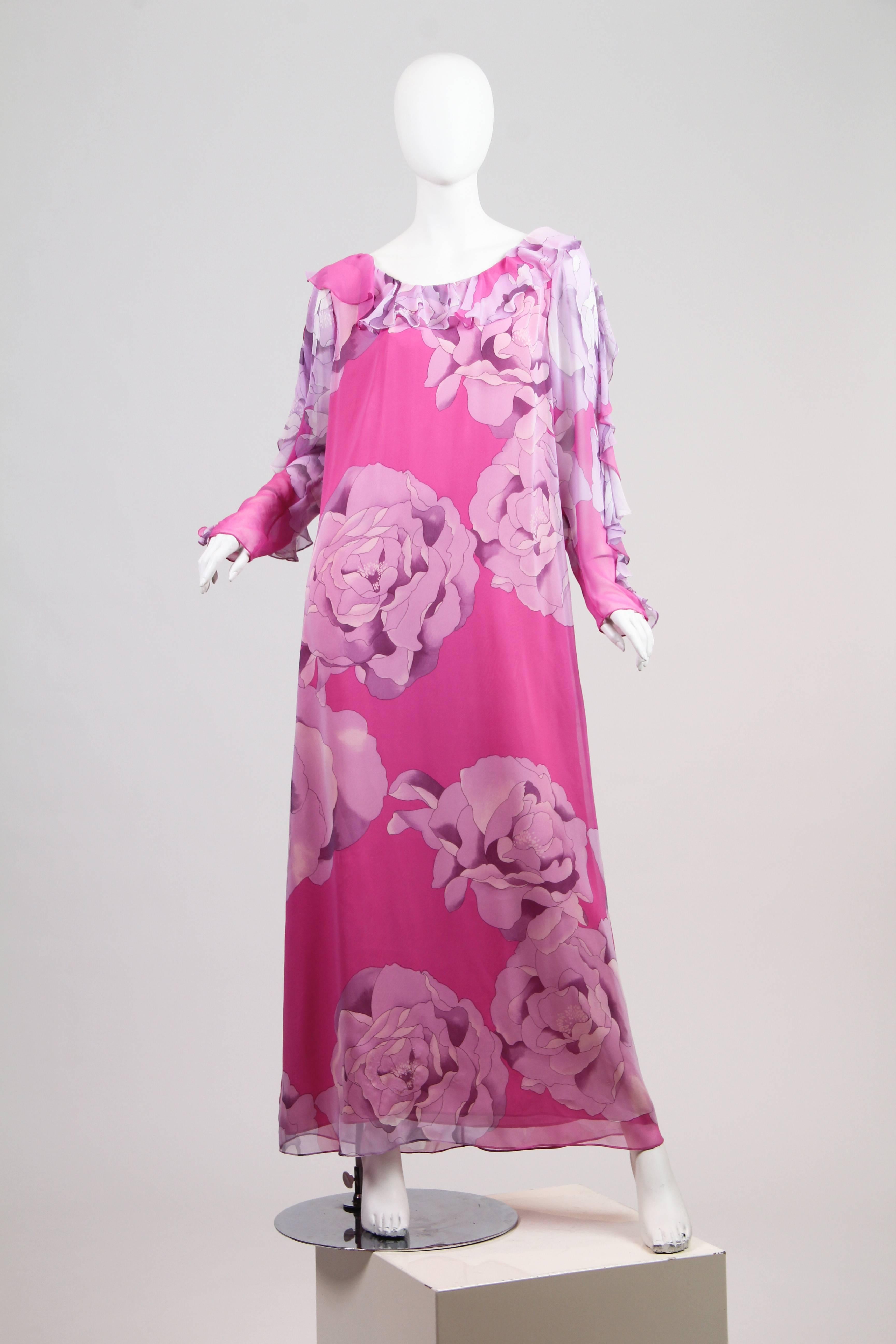 Purple 1970s Hanae Mori Romantic Silk Chiffon Dress