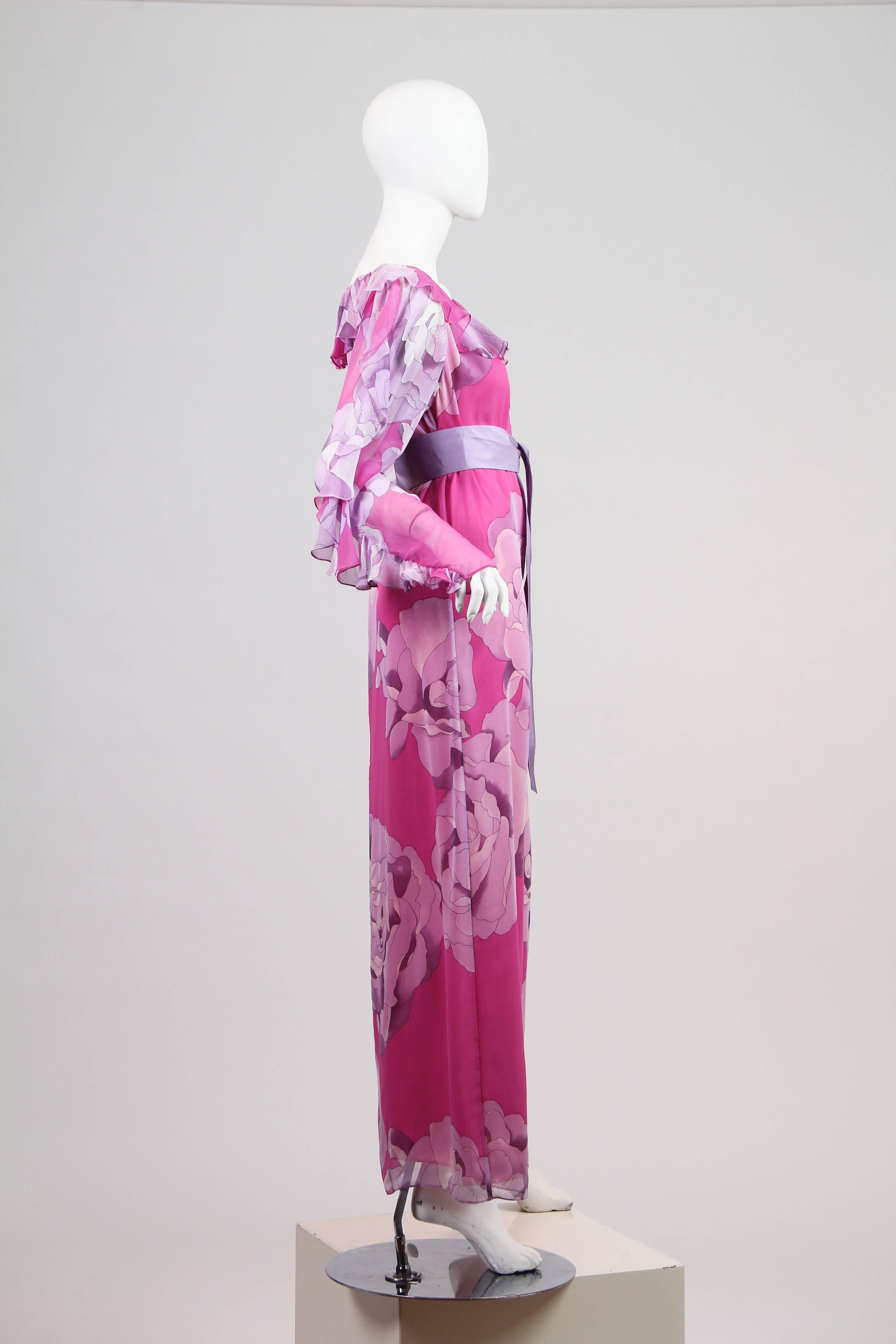 1970s Hanae Mori Romantic Silk Chiffon Dress In Excellent Condition In New York, NY