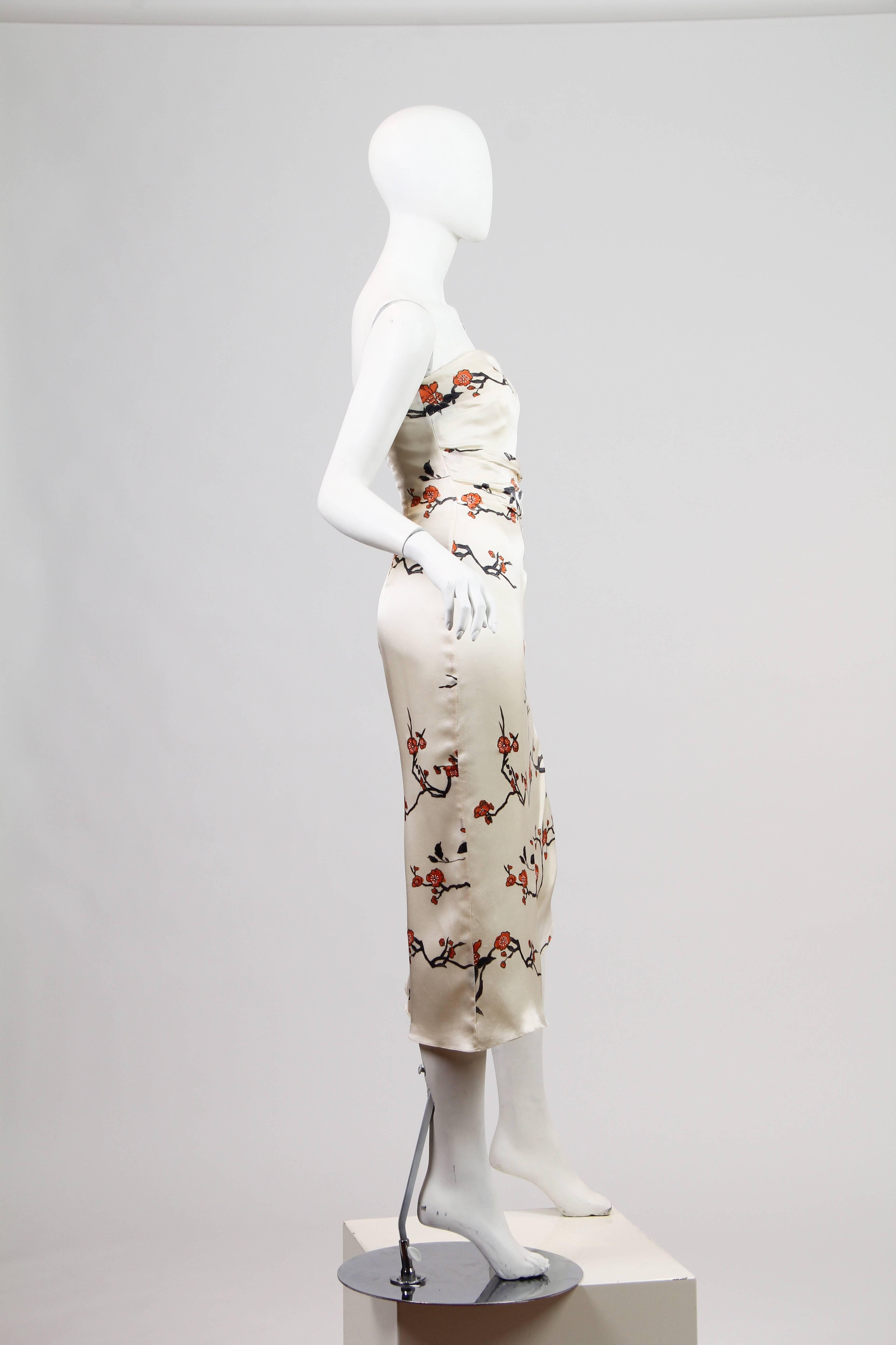 Beige 1980S  OSCAR DE LA RENTA Cream Strapless Silk Charmeuse Asian Floral Cocktail D