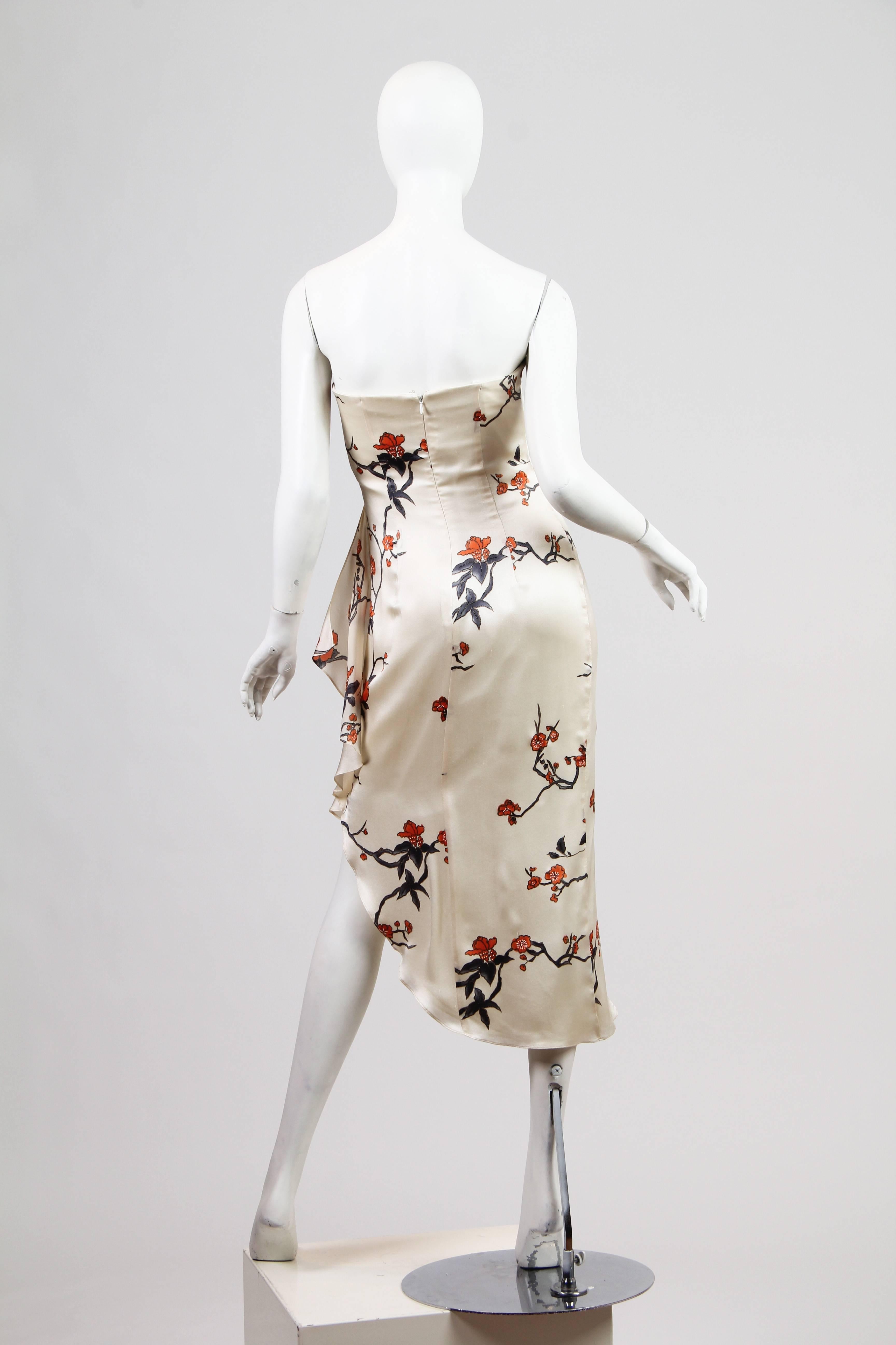 1980S  OSCAR DE LA RENTA Cream Strapless Silk Charmeuse Asian Floral Cocktail Dress