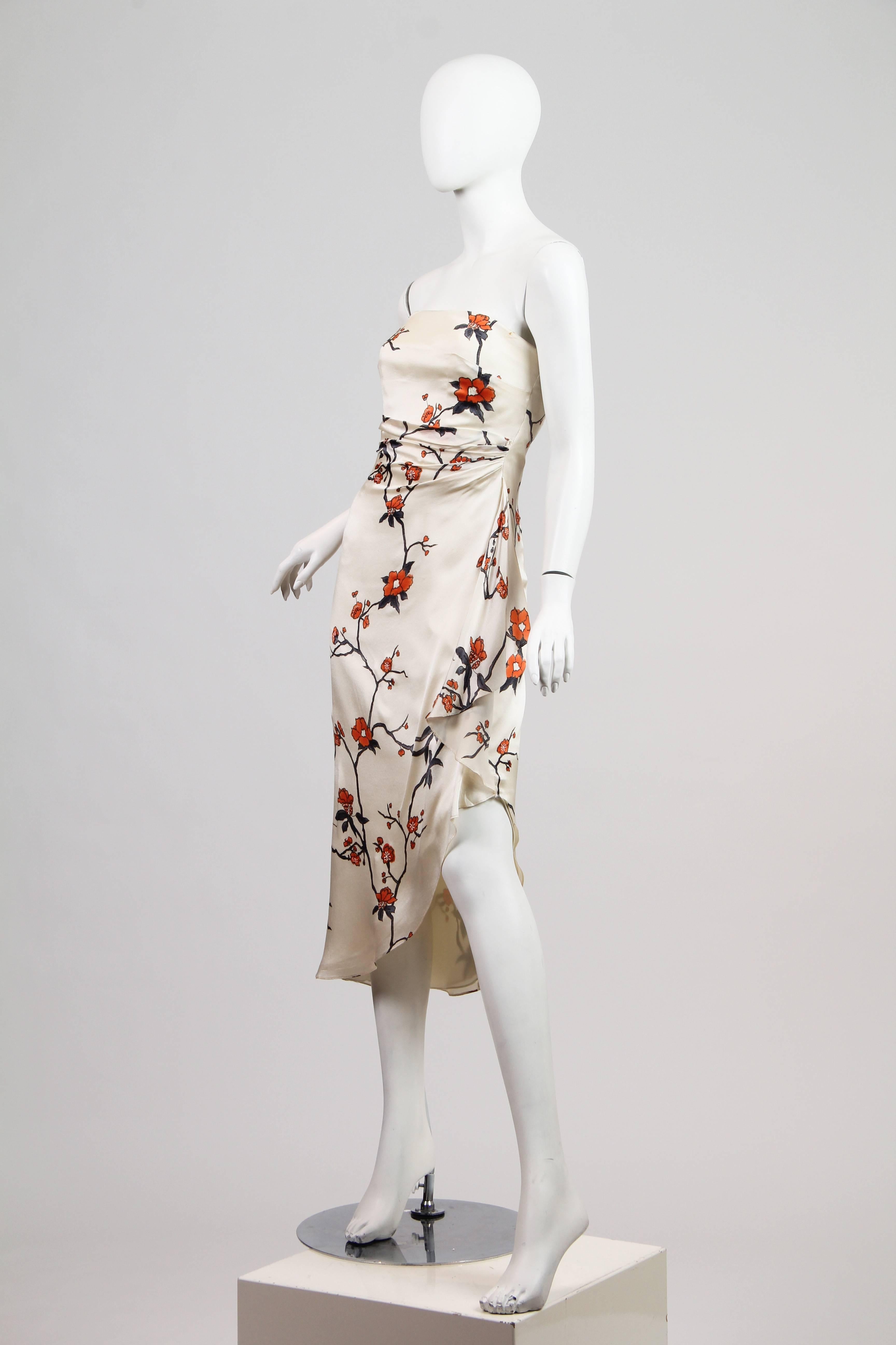 1980S  OSCAR DE LA RENTA Cream Strapless Silk Charmeuse Asian Floral Cocktail D In Excellent Condition In New York, NY