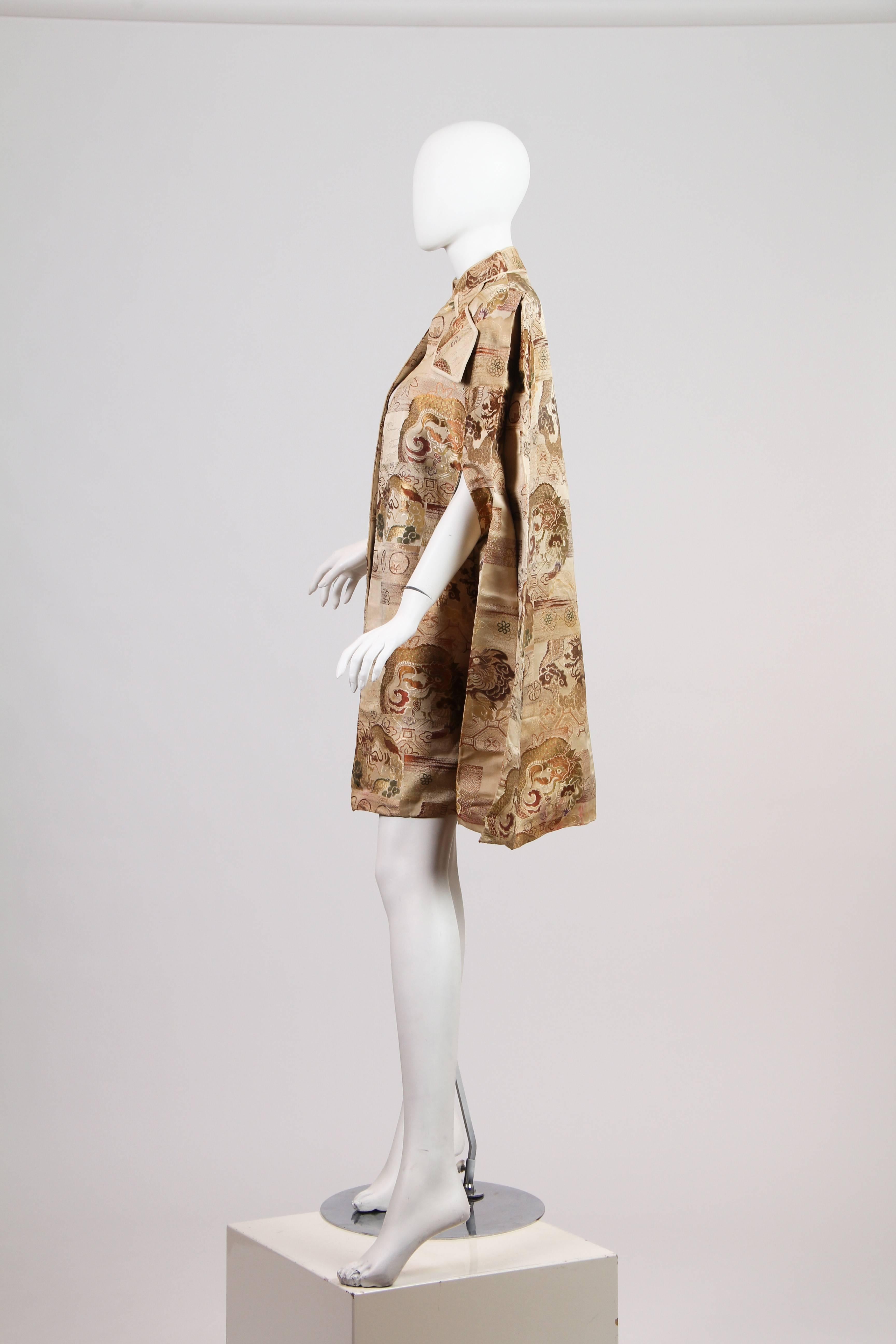 Beige 1940s Cape made from Antique Japanese Fabric with Dragons