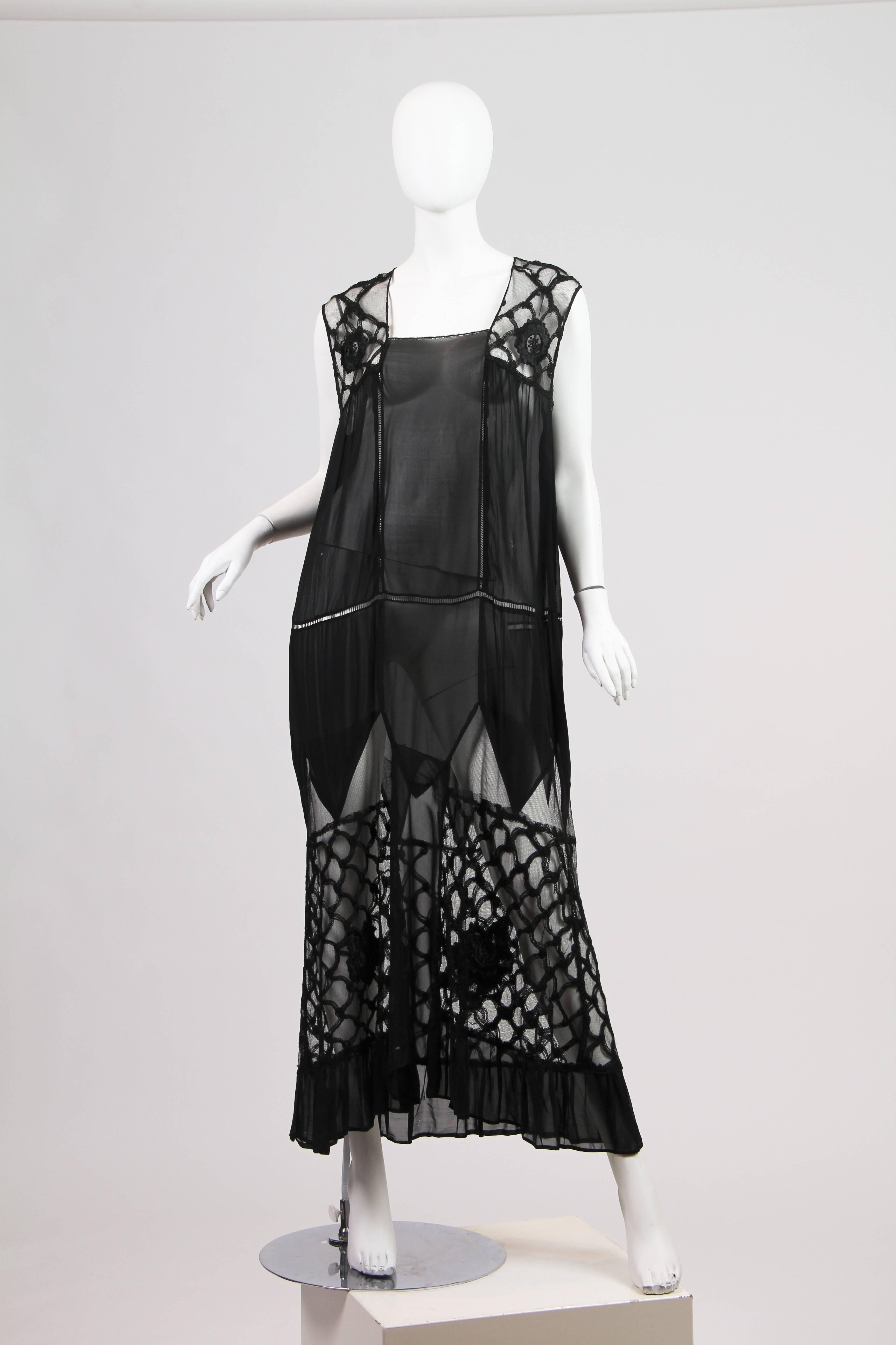 Black Early 1920s Chiffon and Lace Dress