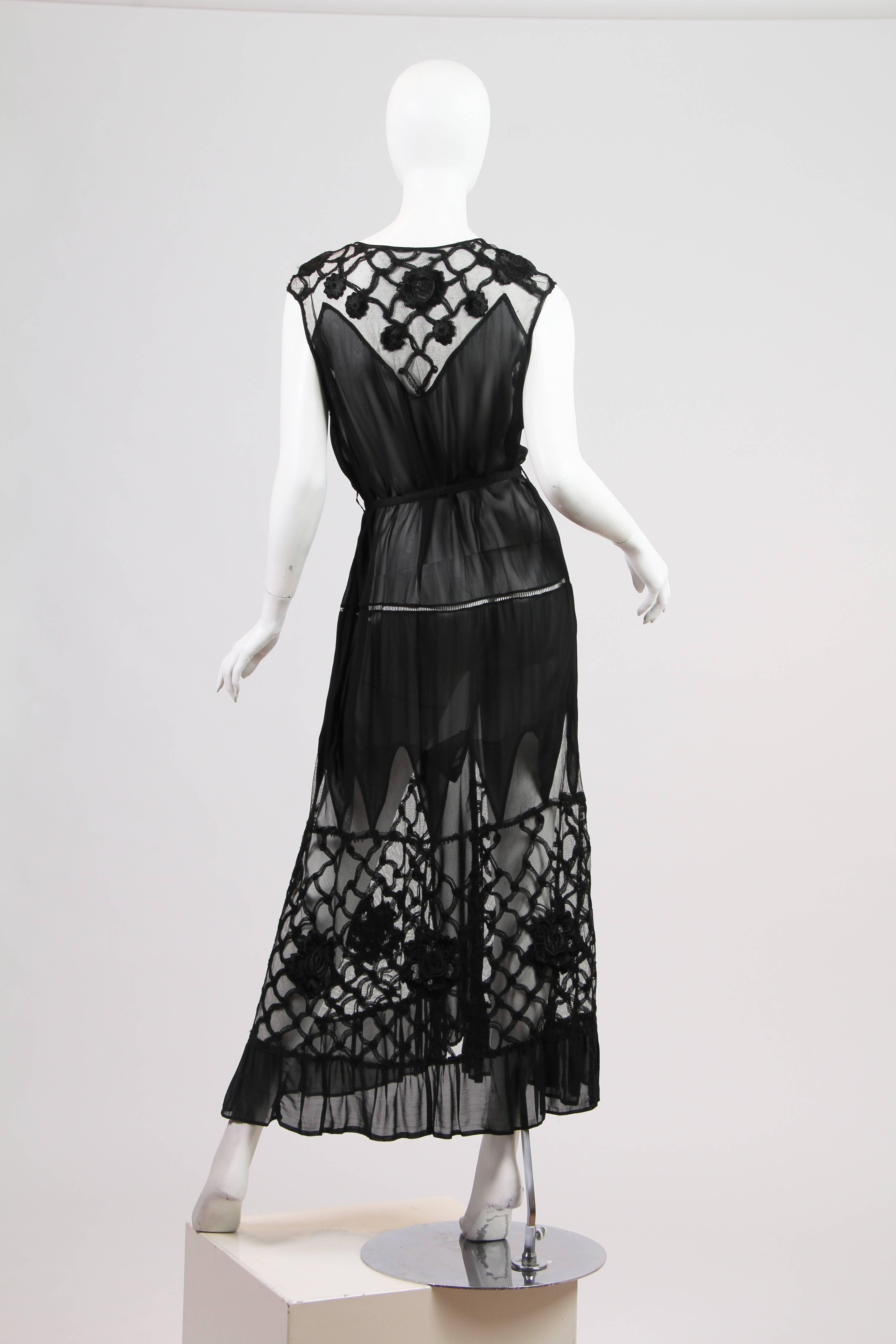 Early 1920s Chiffon and Lace Dress. Dress is belted to show how it would look with a belt. The original dress would never have had a belt and the belt does not come with this.
