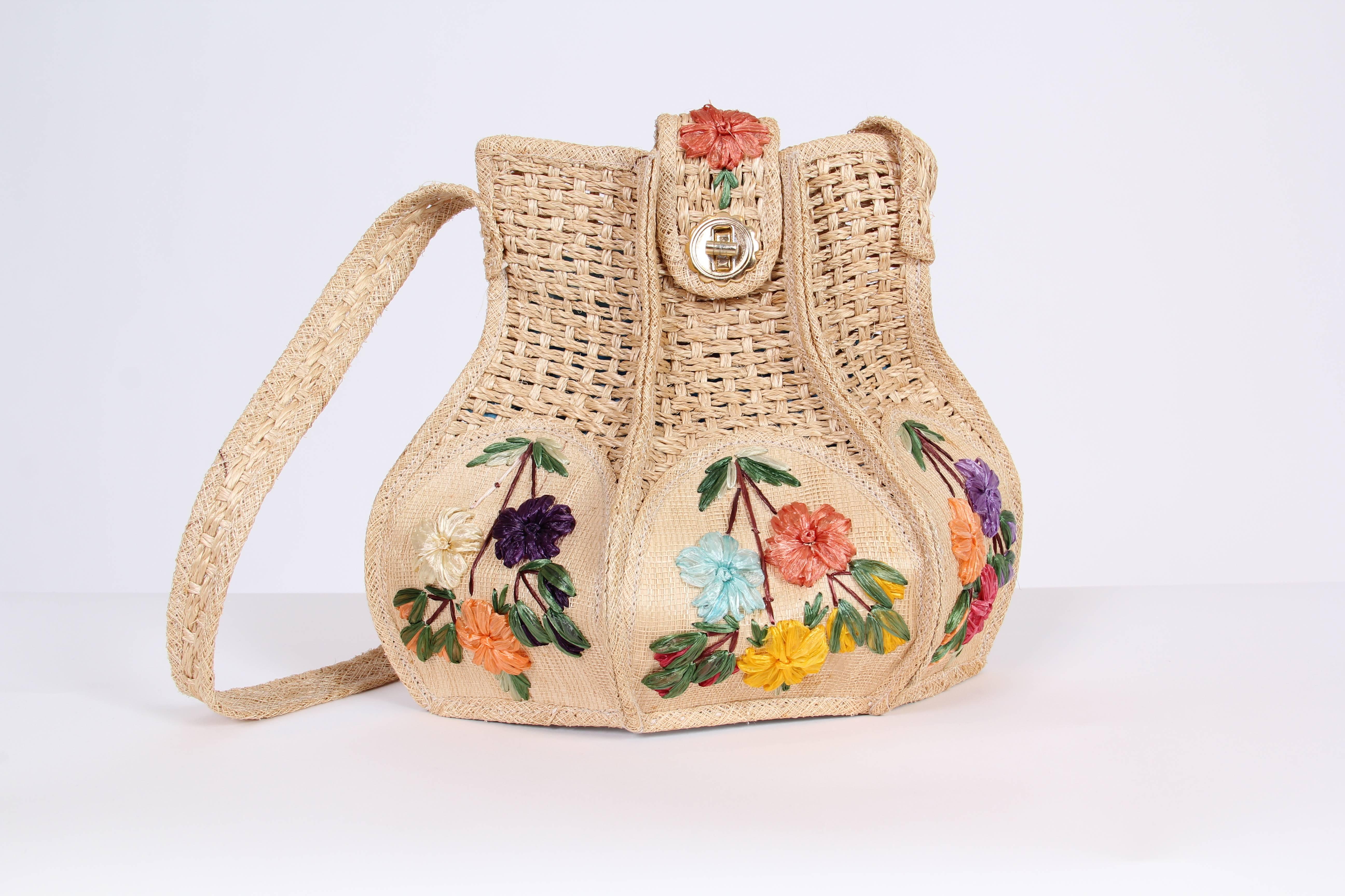 Uniquely Shaped Raffia Embroidered Bag In Good Condition In New York, NY