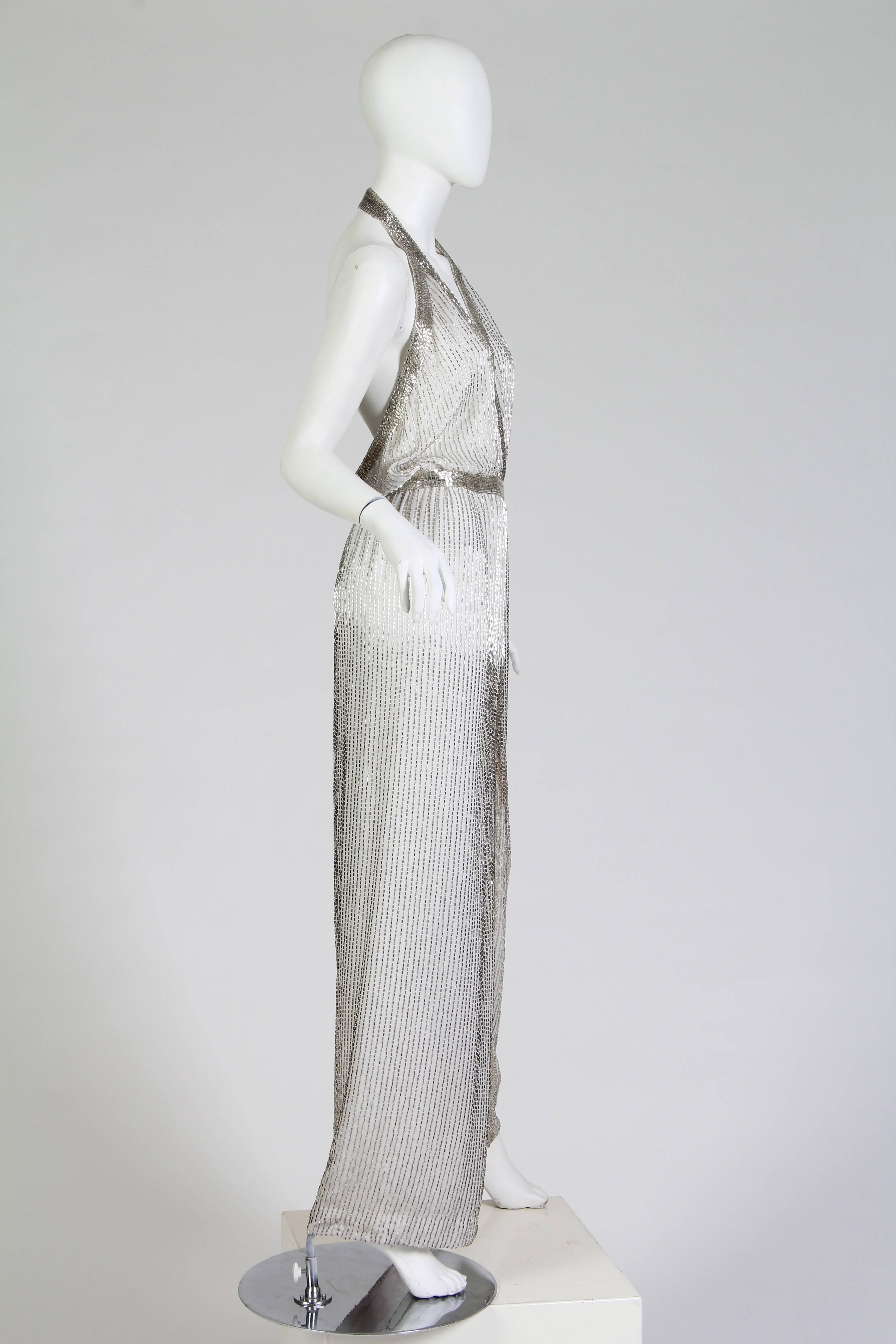 Gray Backless 1970s Heavily Beaded Gown with Plunging V and High Slit