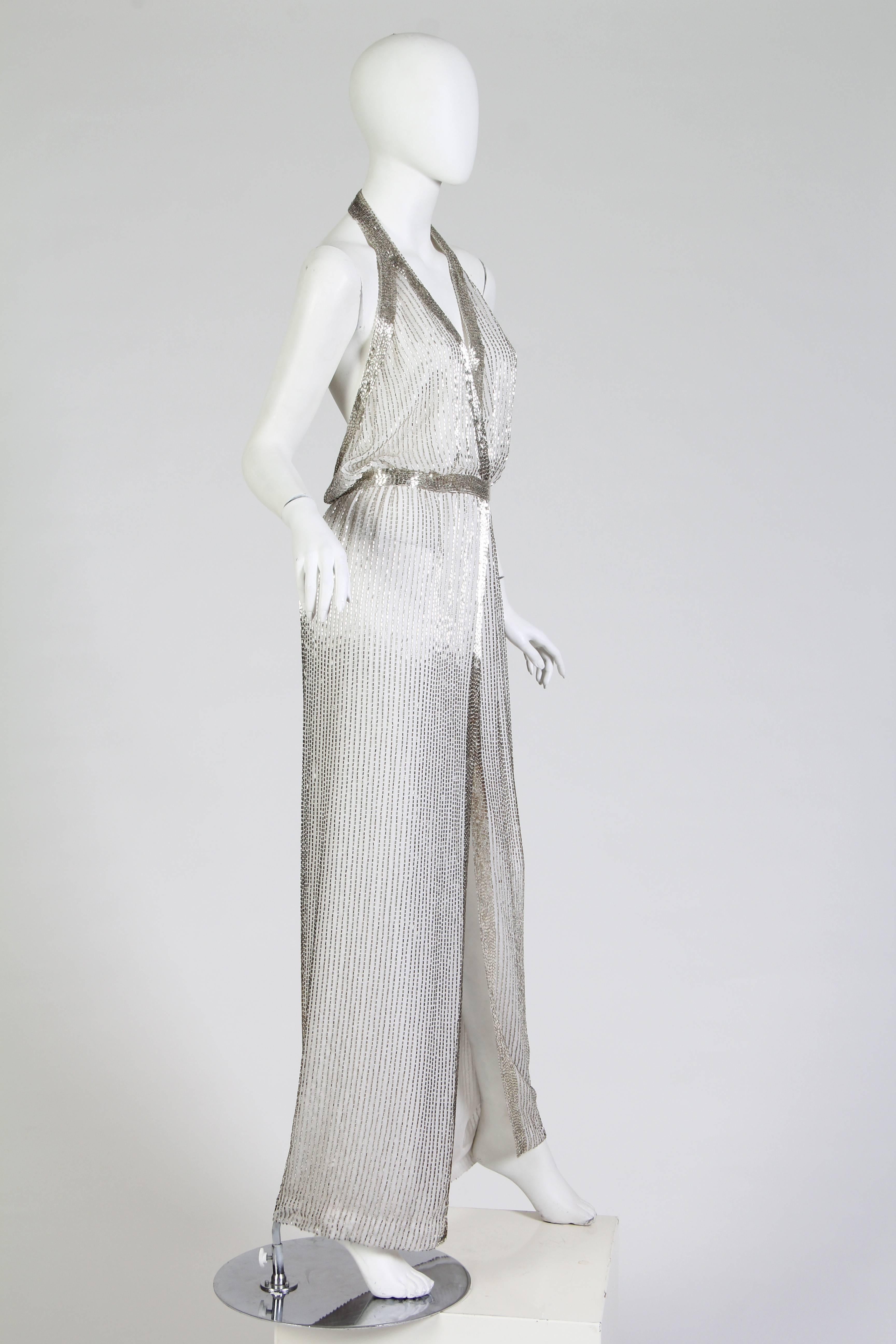 Backless 1970s Heavily Beaded Gown with Plunging V and High Slit 1