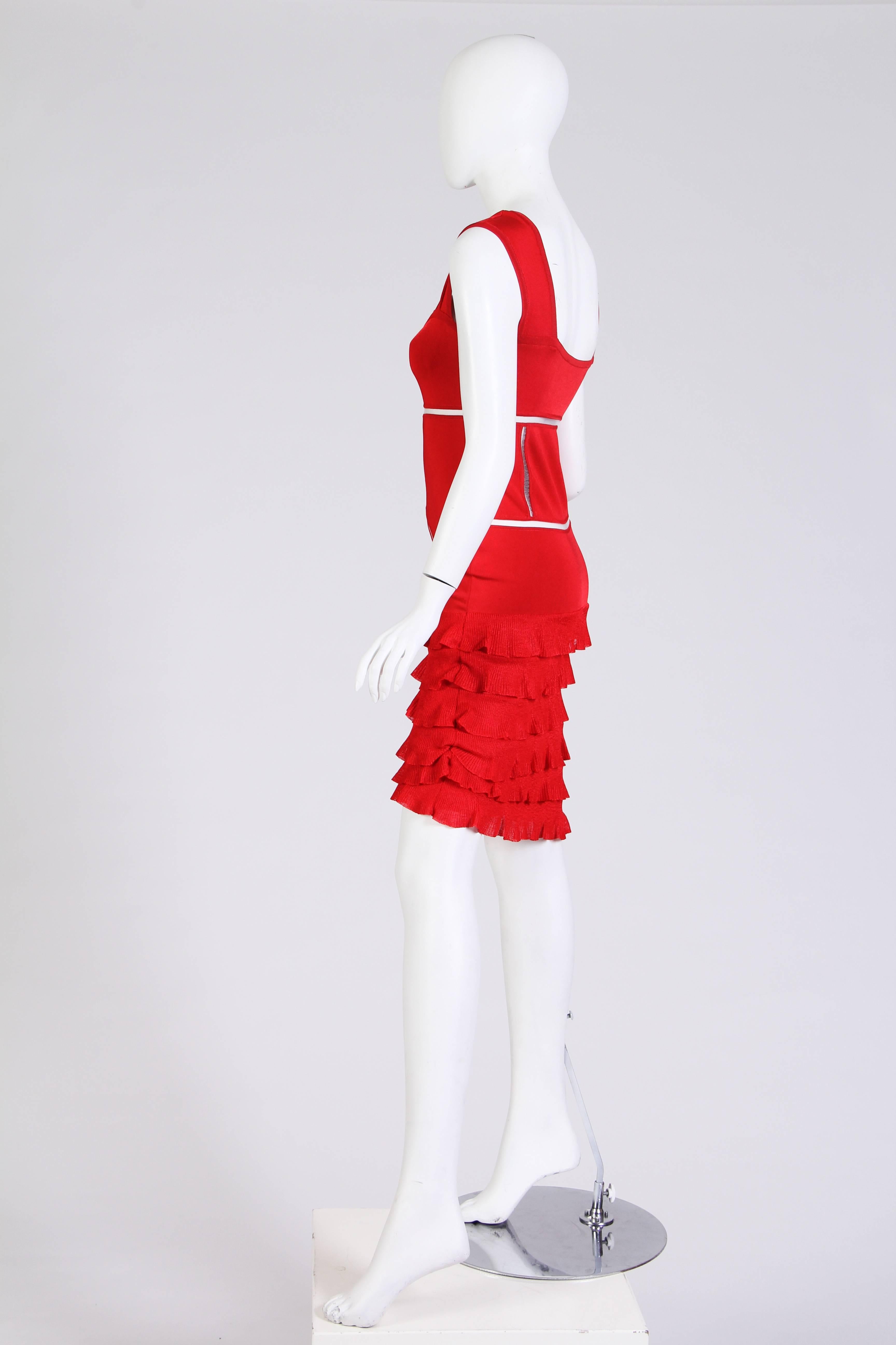 2000S JOHN GALLIANO Red Rayon Blend Knit Ruffled Skirt Cocktail Dress In Excellent Condition For Sale In New York, NY