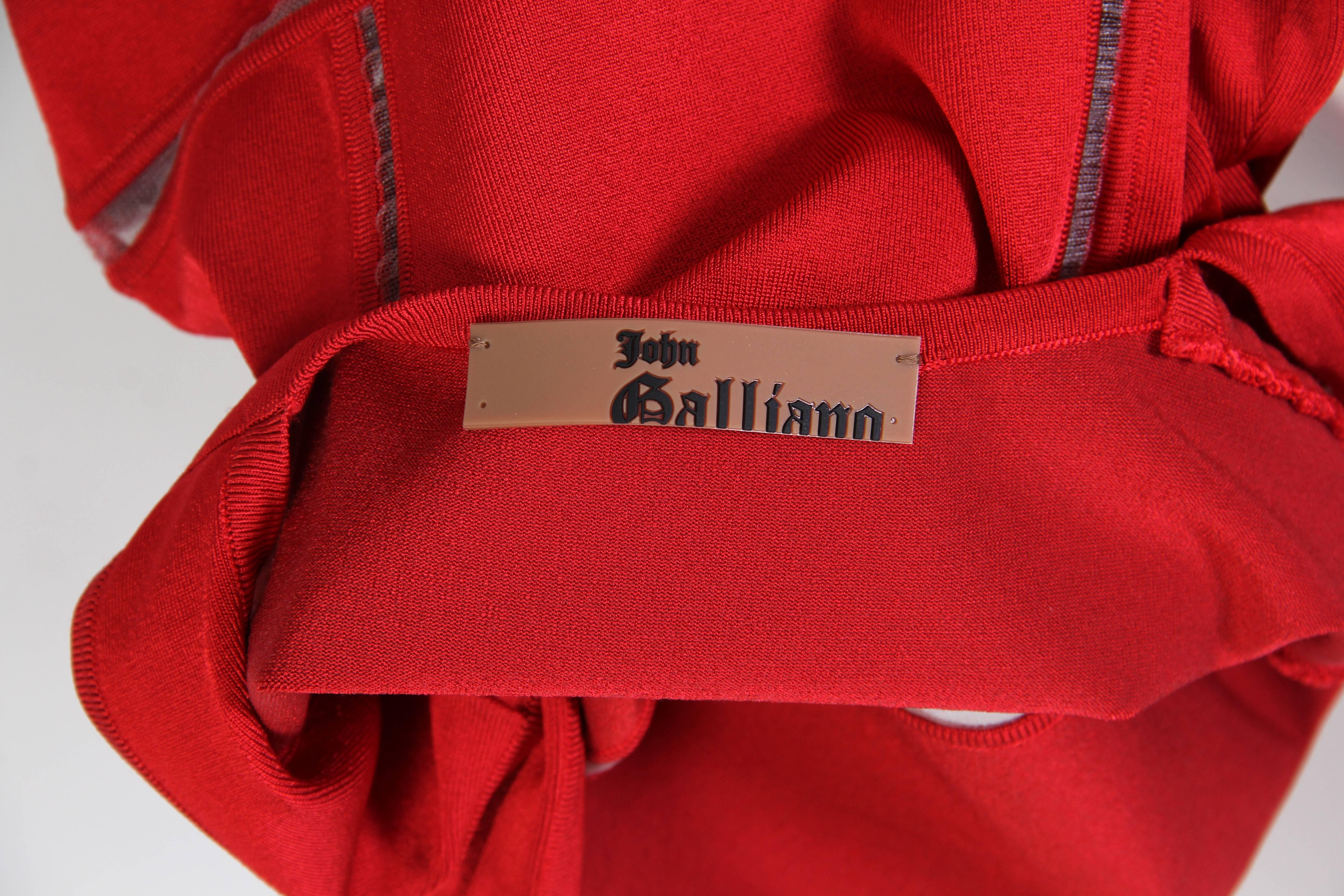2000S JOHN GALLIANO Red Rayon Blend Knit Ruffled Skirt Cocktail Dress For Sale 3