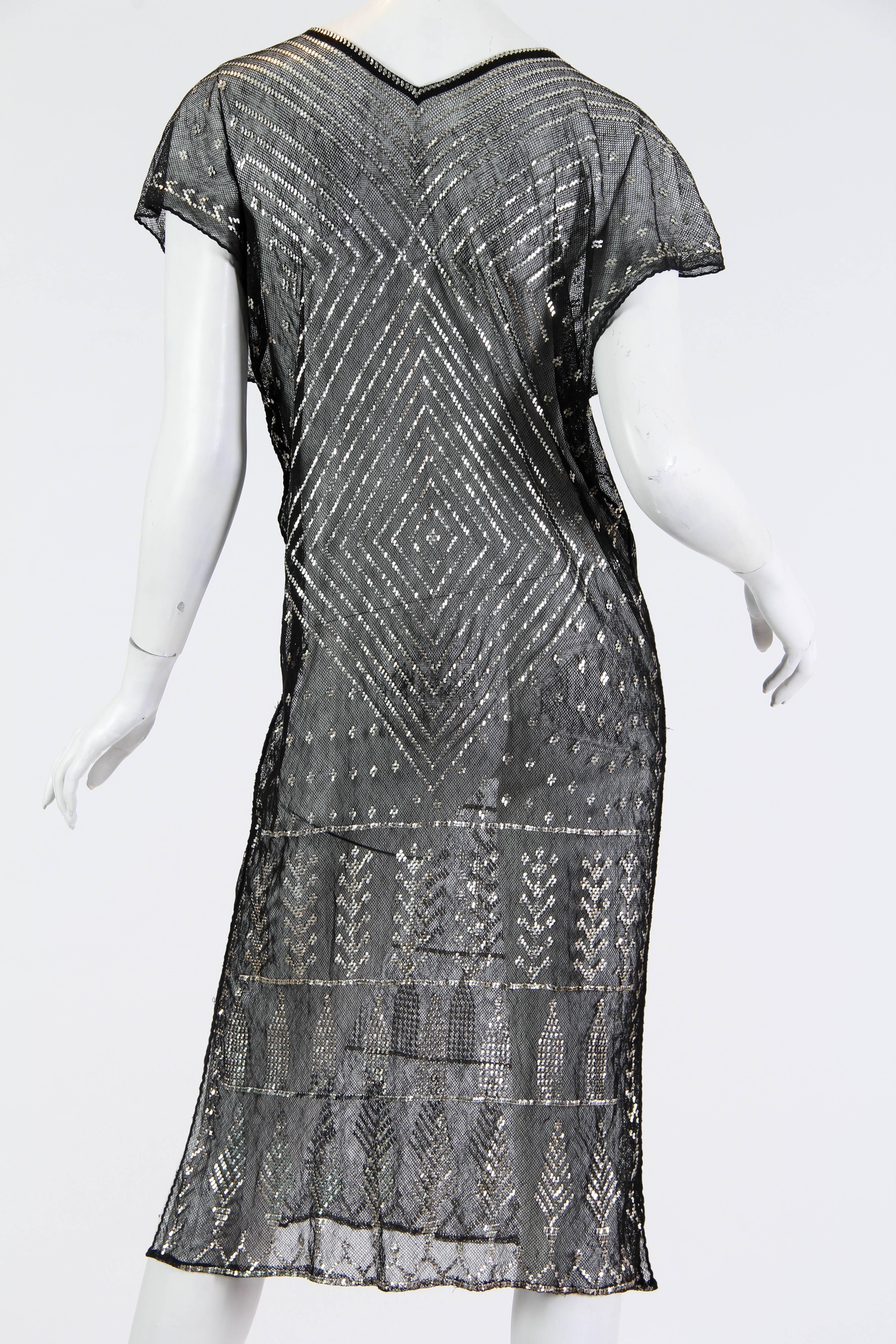 Gray 1920s Egyptian Assuit Metal and Cotton Net Dress