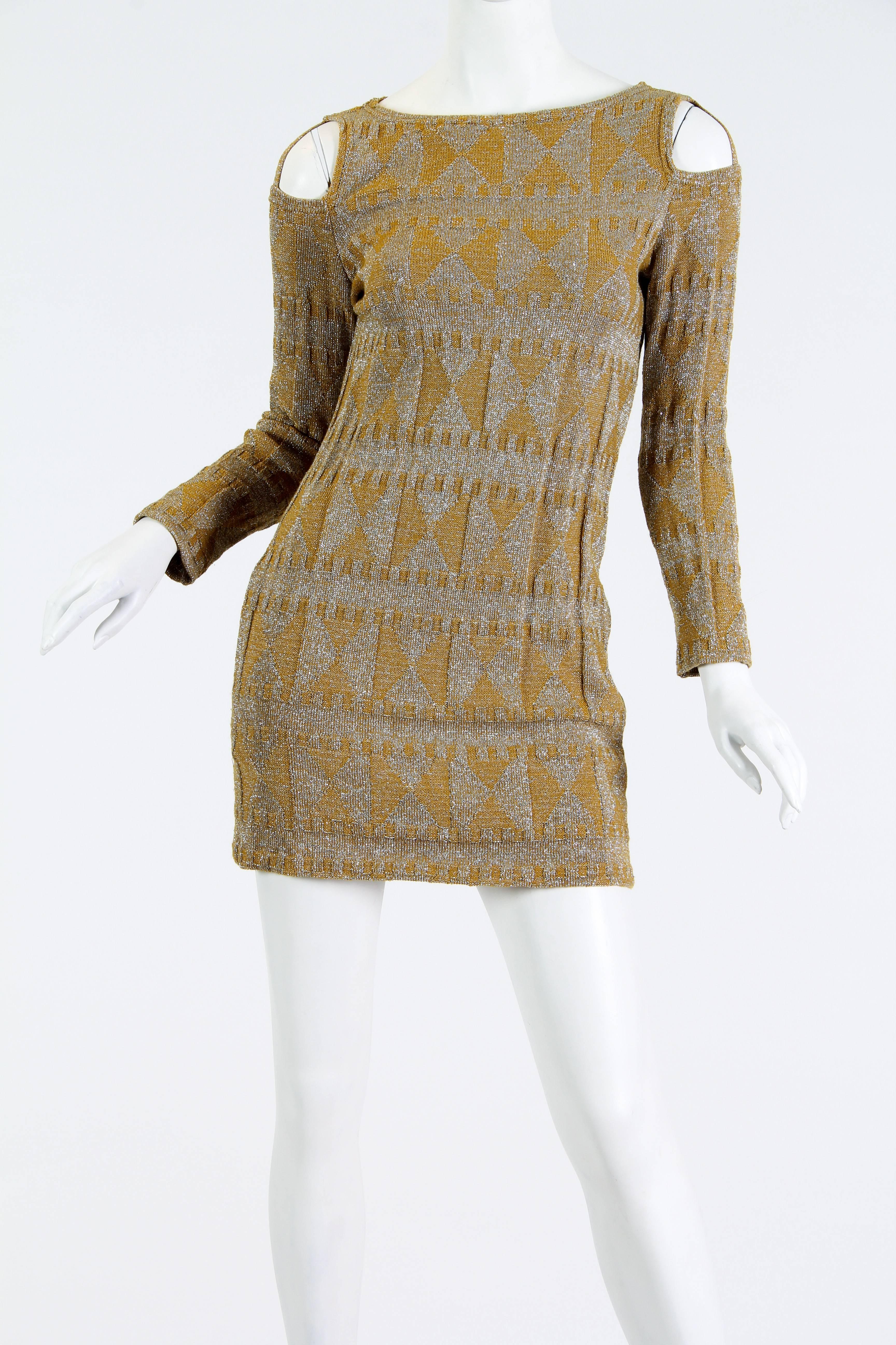 Brown 1960s Rudi Gernreich Silver and Gold Metallic Body-con Mini Dress