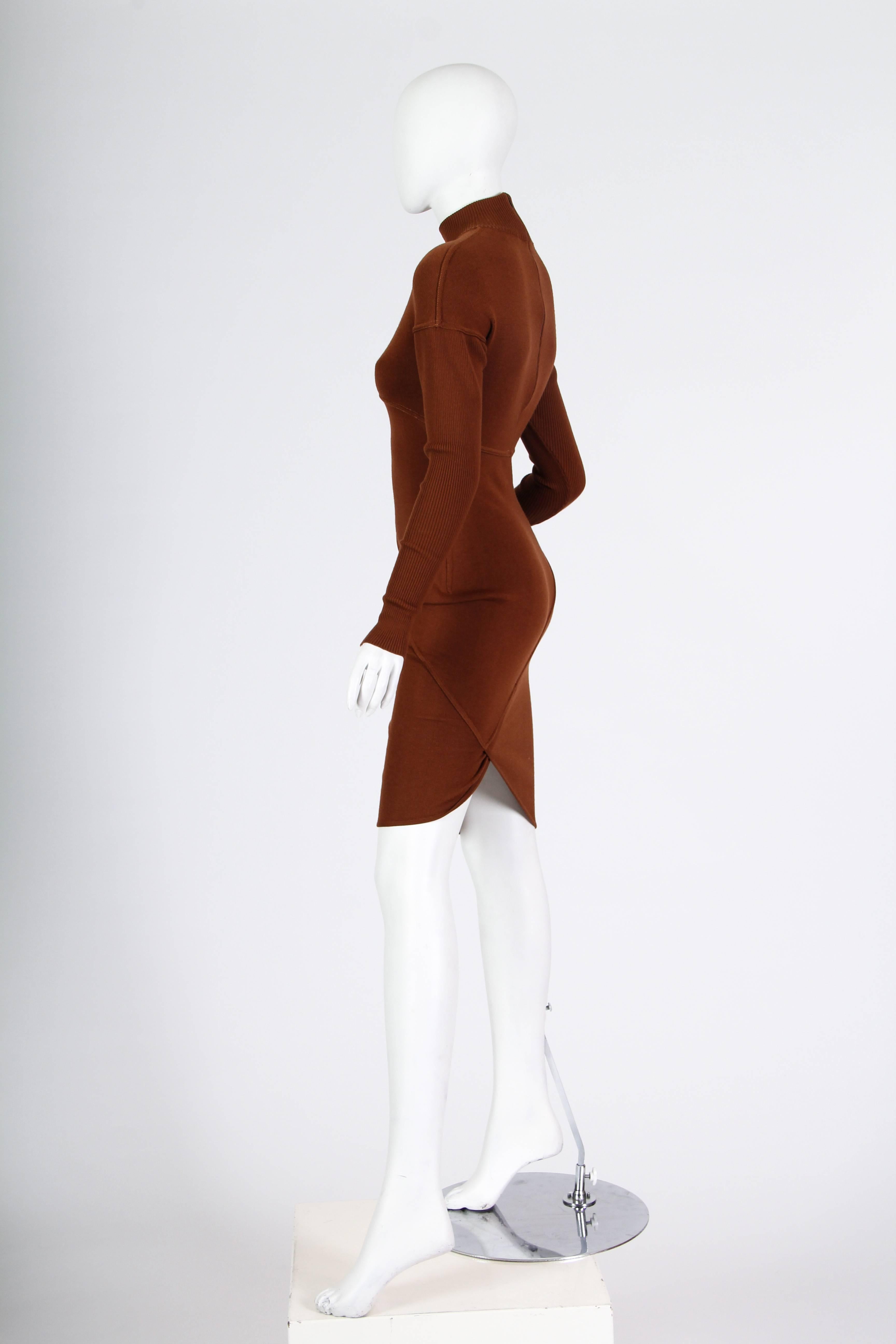 Alaia taged size S 1980S AZZEDINE ALAIA Cinnamon Brown Wool Knit Turtleneck Body-Con Dress With Diagonal Seaming 
