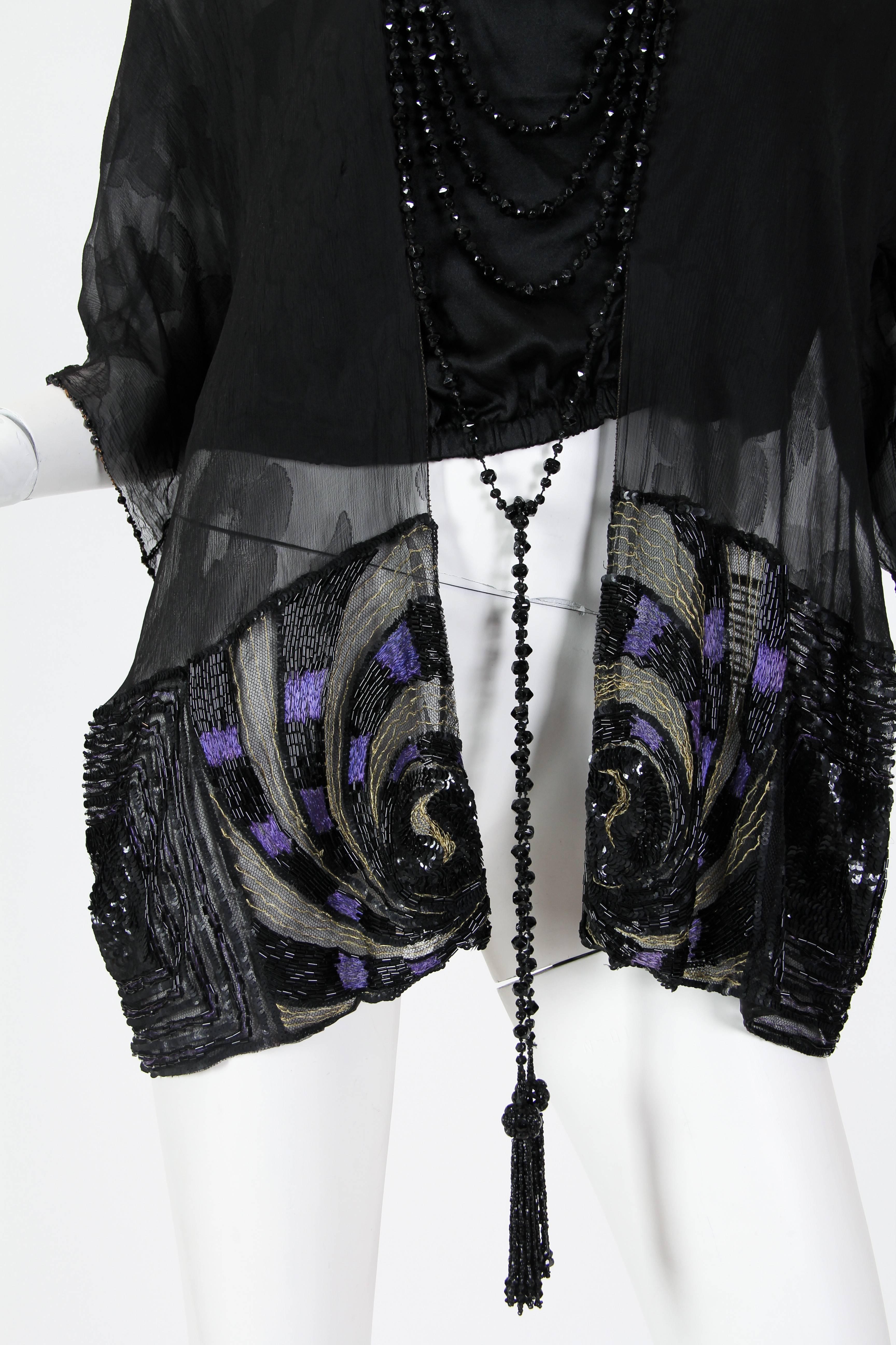 Edwardian Black Silk Chiffon Kimono Sleeve Blouse With Asian Floral Pattern, Me For Sale 2