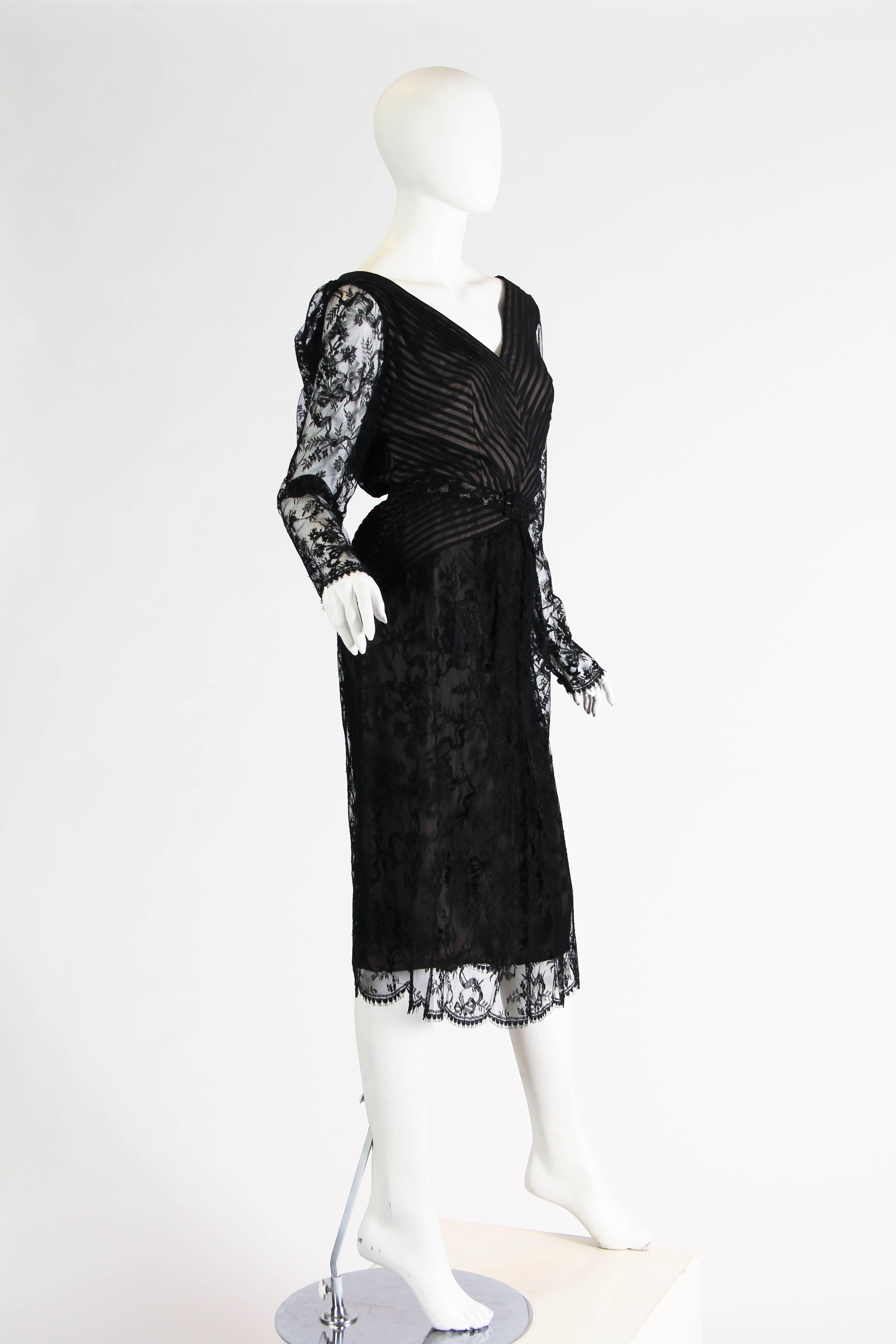 1980S BILL BLASS Black Silk Chiffon Pin Tucked & Pleated Cocktail Dress With Sheer Lace Sleeve Skirt