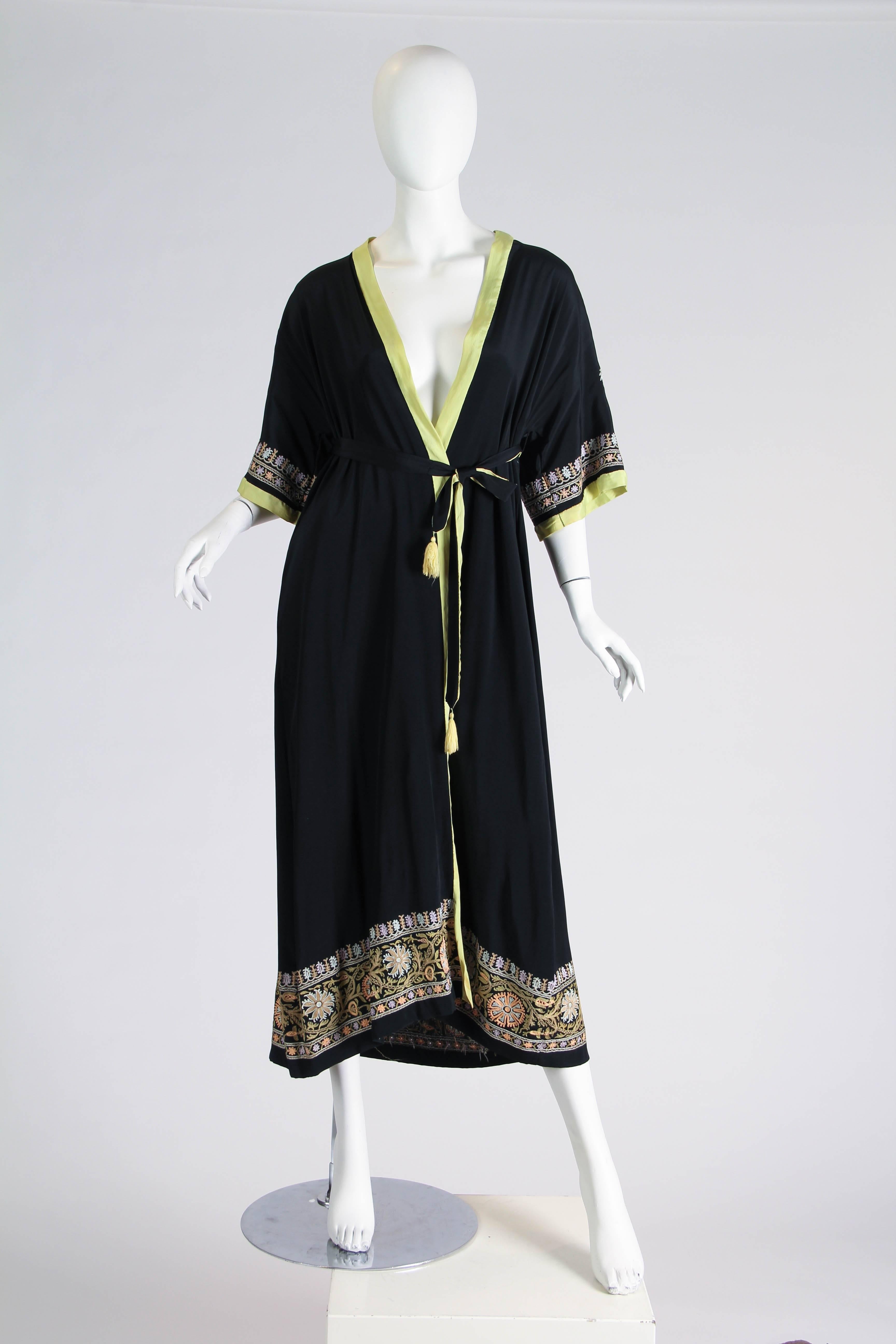 Black 1930s Paisley embroidered Silk Robe Wrap Dress