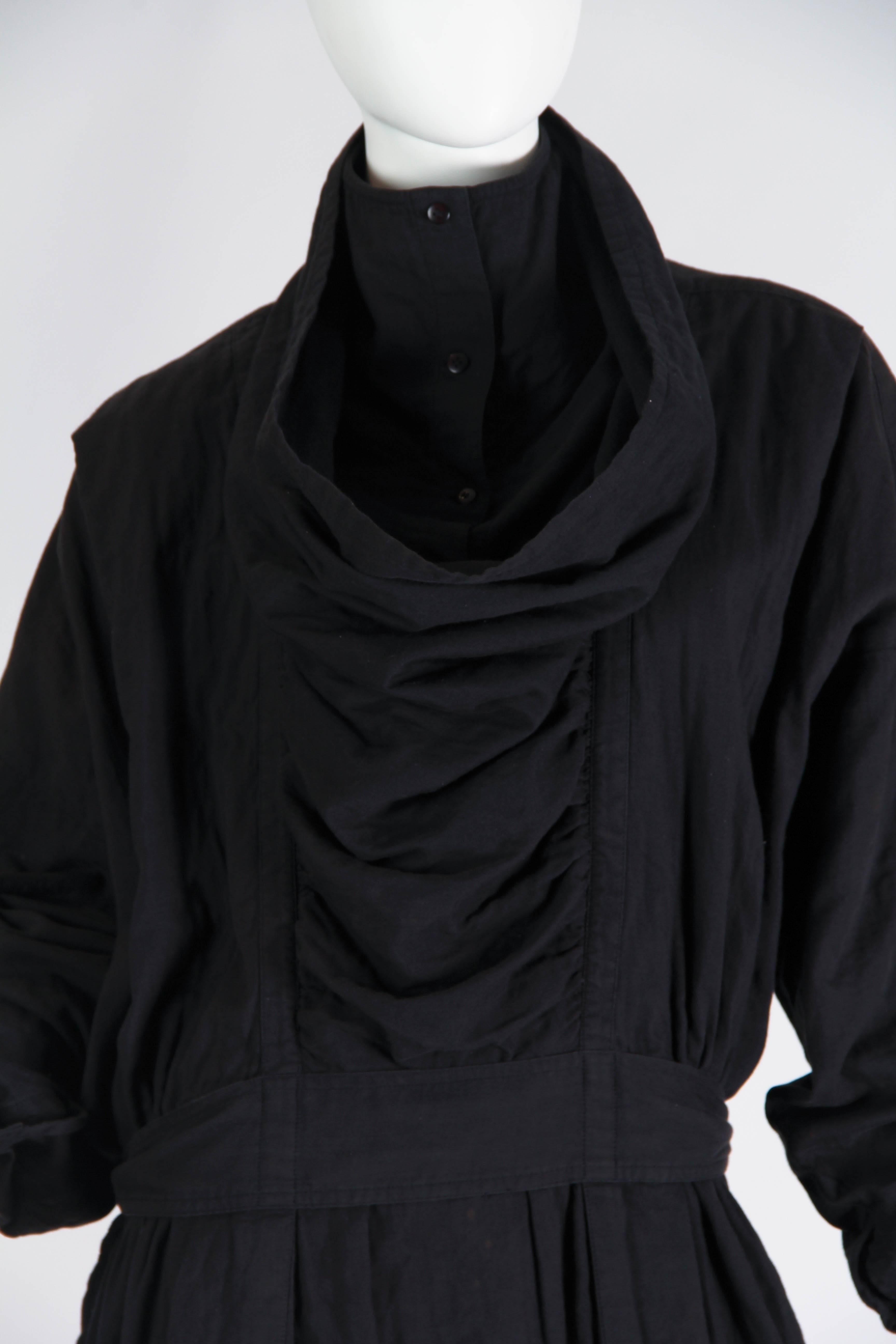 1980S ISSEY MIYAKE Black Cotton Dress With Draped Neck & Sleeves 3