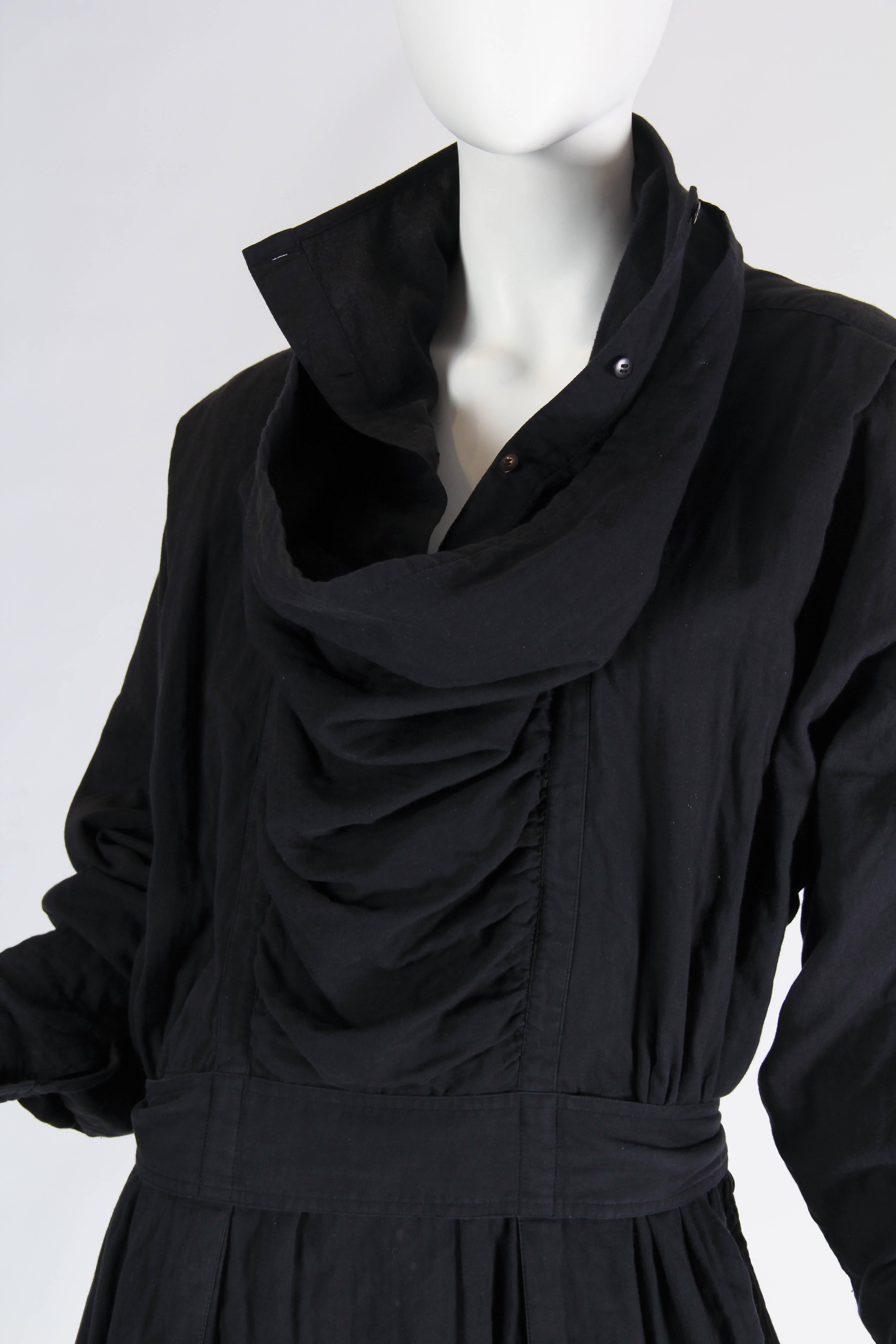 1980S ISSEY MIYAKE Black Cotton Dress With Draped Neck & Sleeves 2