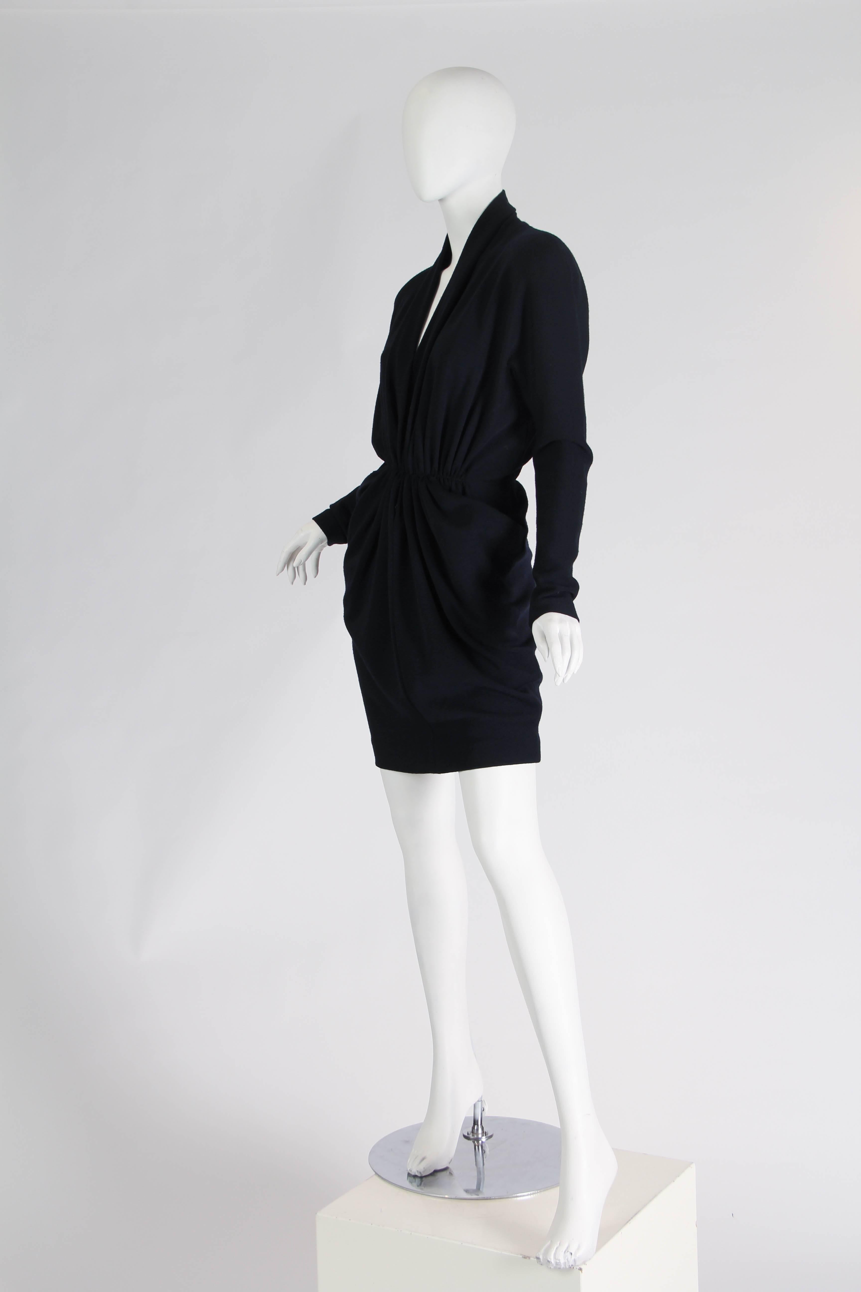 Black 1980s Donna Karan Wool Jersey Dress with Plunging Neckline