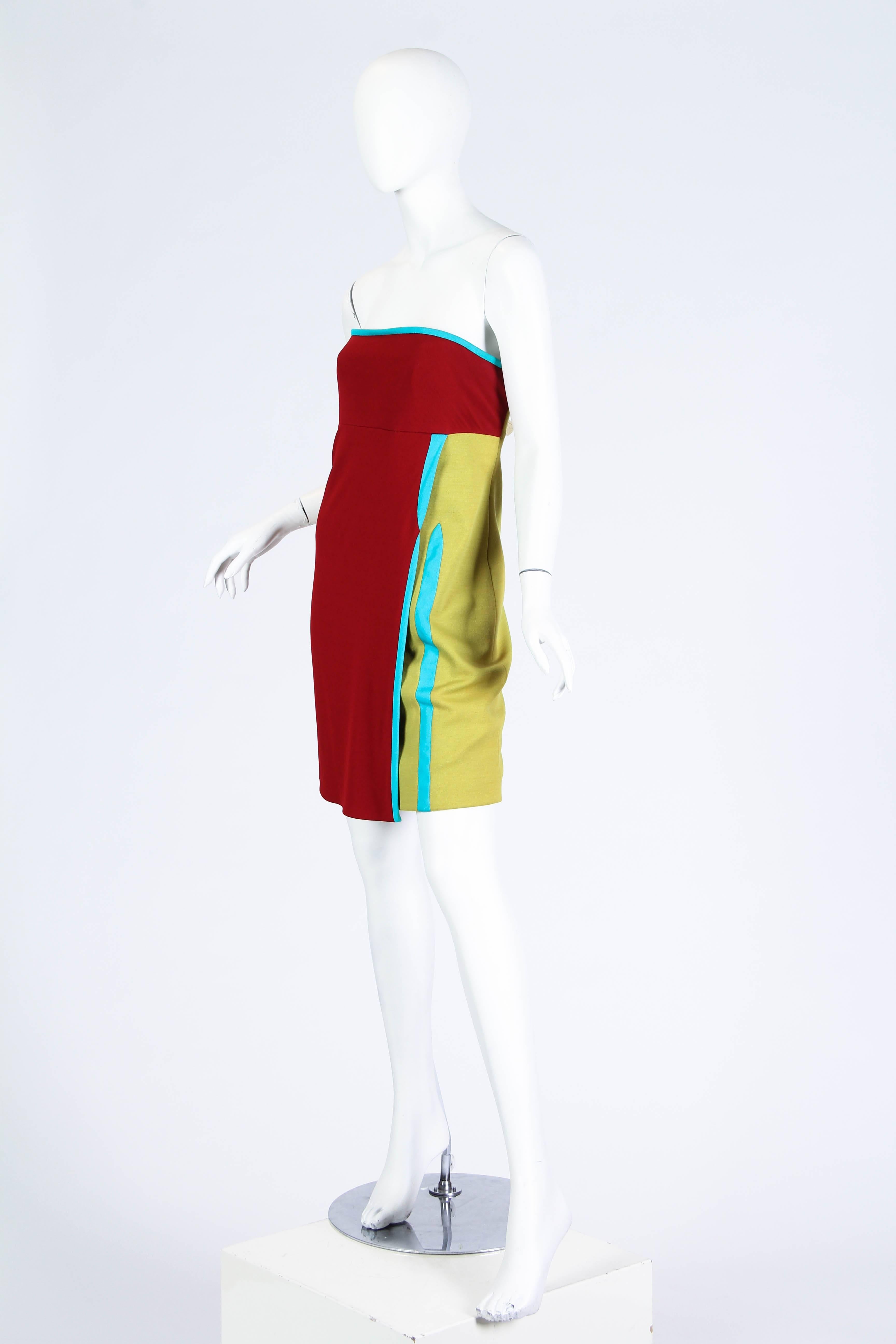 Women's 1990S GIANNI VERSACE Acid Green & Red Wool Silk Jersey Strapless Empire Waist D For Sale