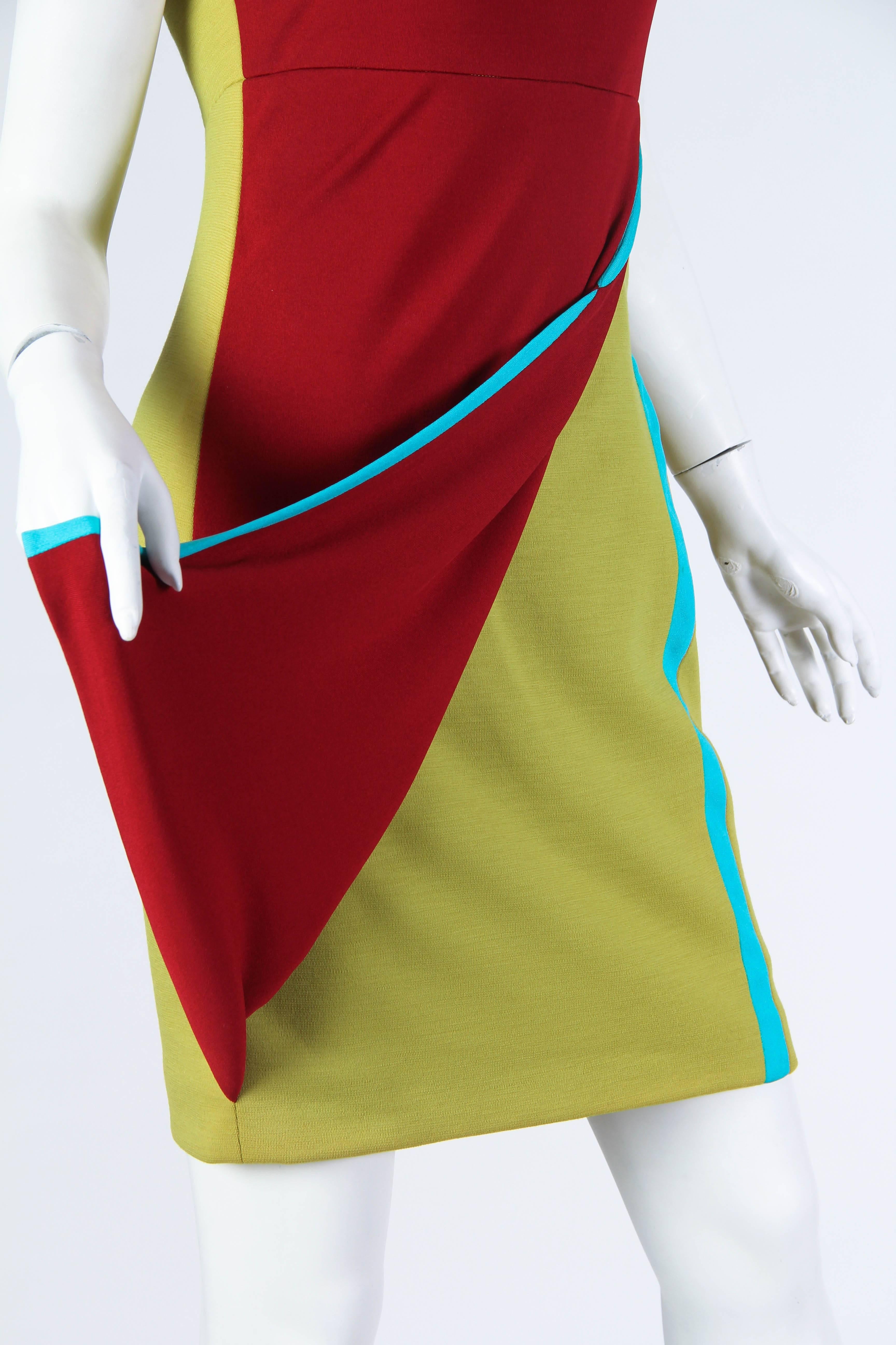 1990S GIANNI VERSACE Acid Green & Red Wool Silk Jersey Strapless Empire Waist D For Sale 3