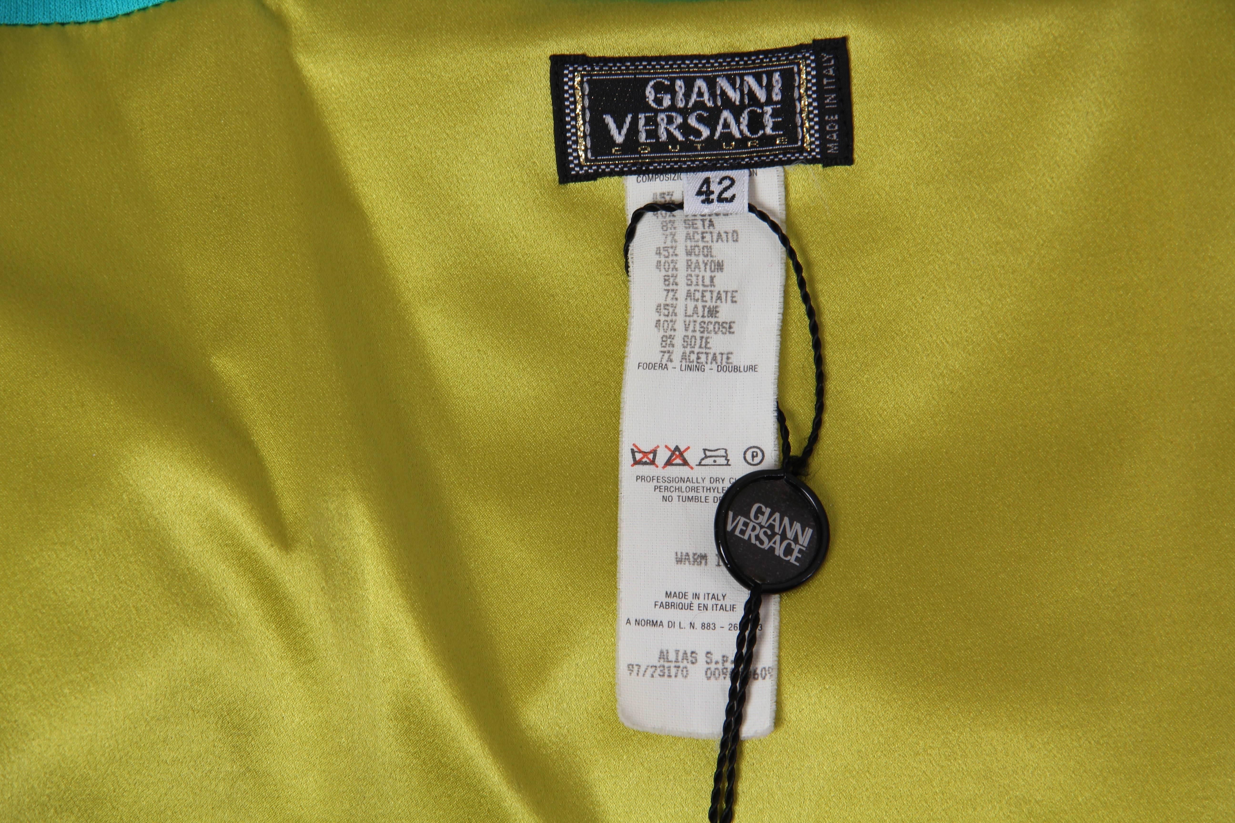 1990S GIANNI VERSACE Acid Green & Red Wool Silk Jersey Strapless Empire Waist D For Sale 5