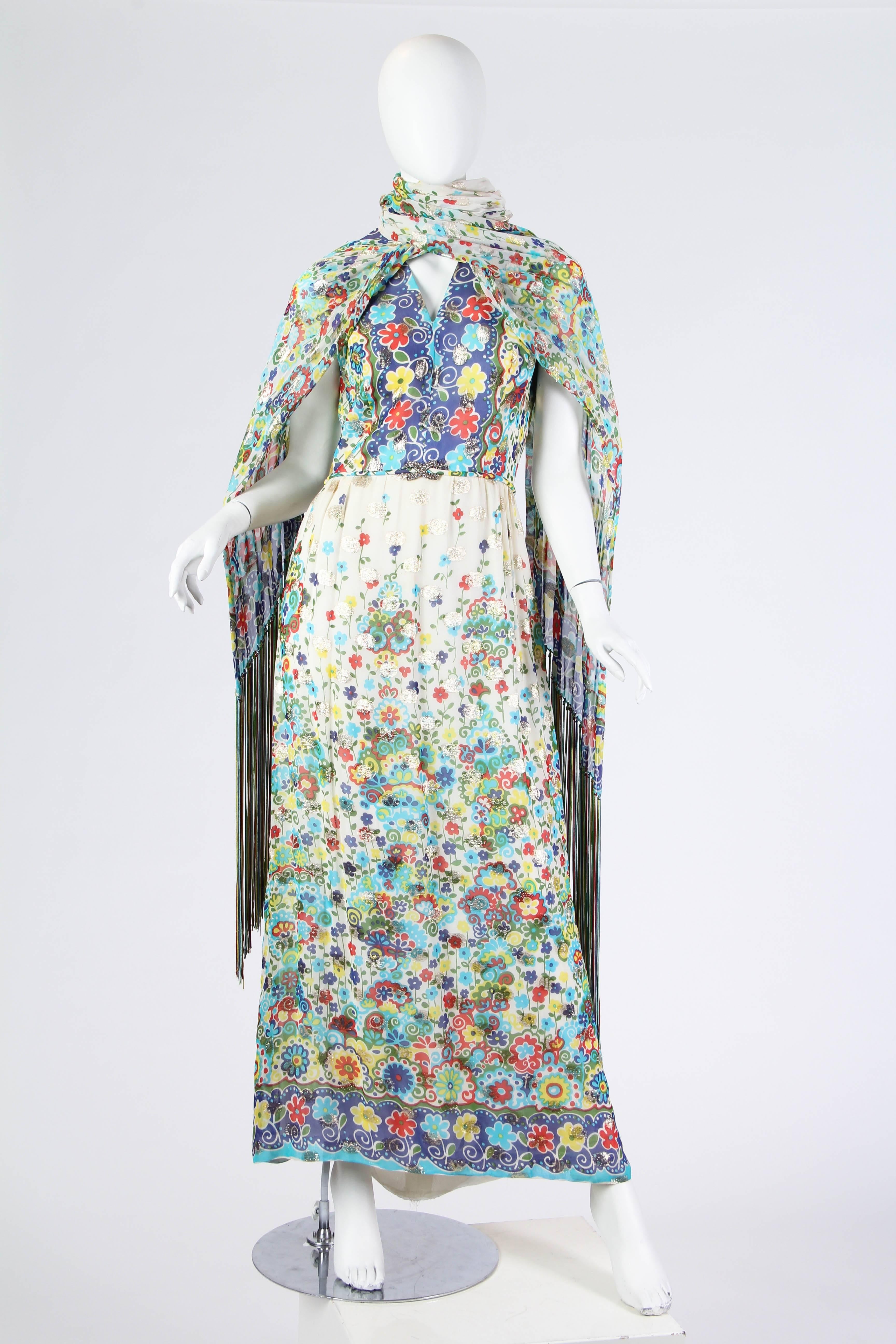 Women's 1970s Printed Lamé Chiffon Dress With Fringed Scarf