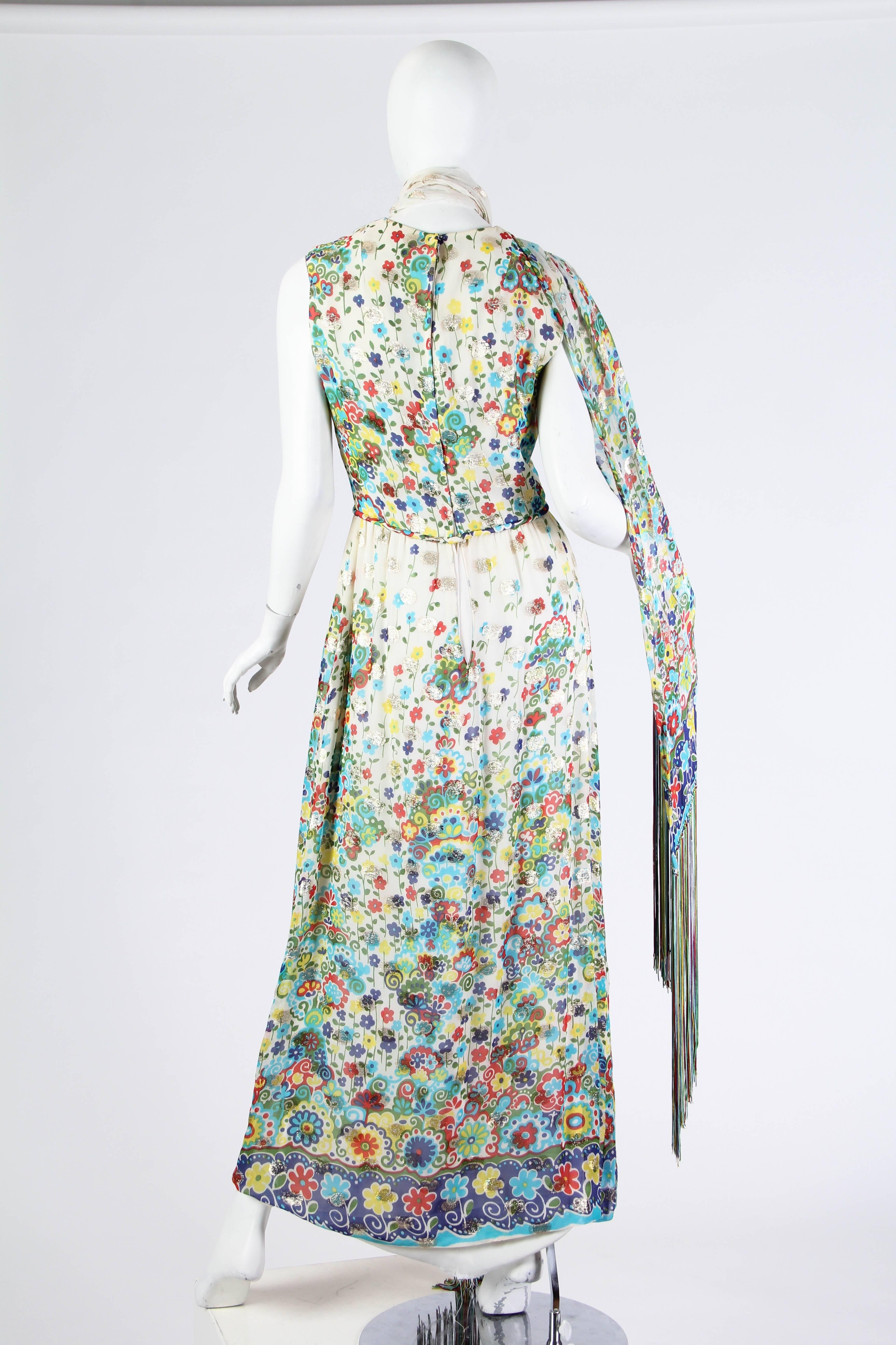 Gray 1970s Printed Lamé Chiffon Dress With Fringed Scarf