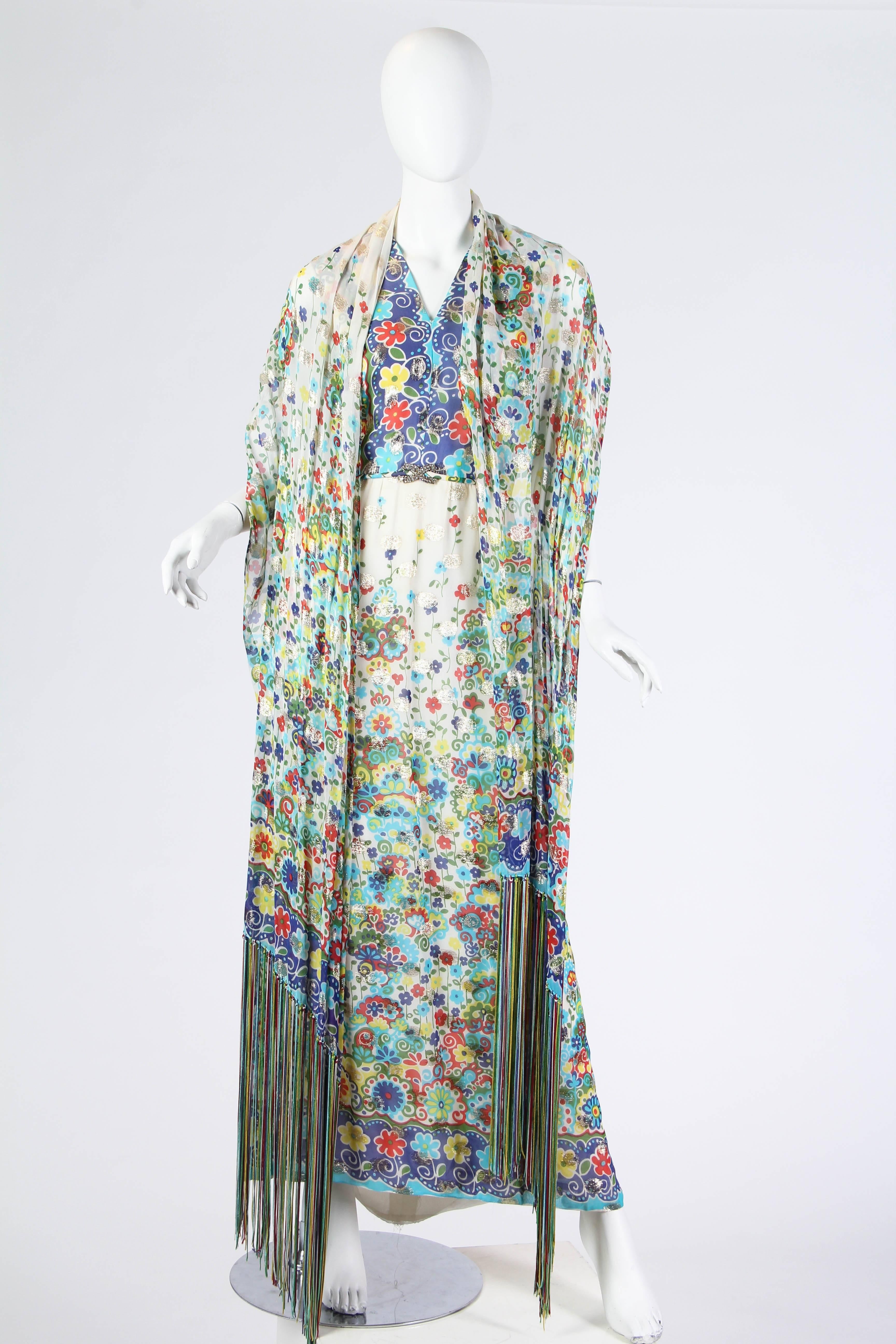 1970s Printed Lamé Chiffon Dress With Fringed Scarf In Excellent Condition In New York, NY