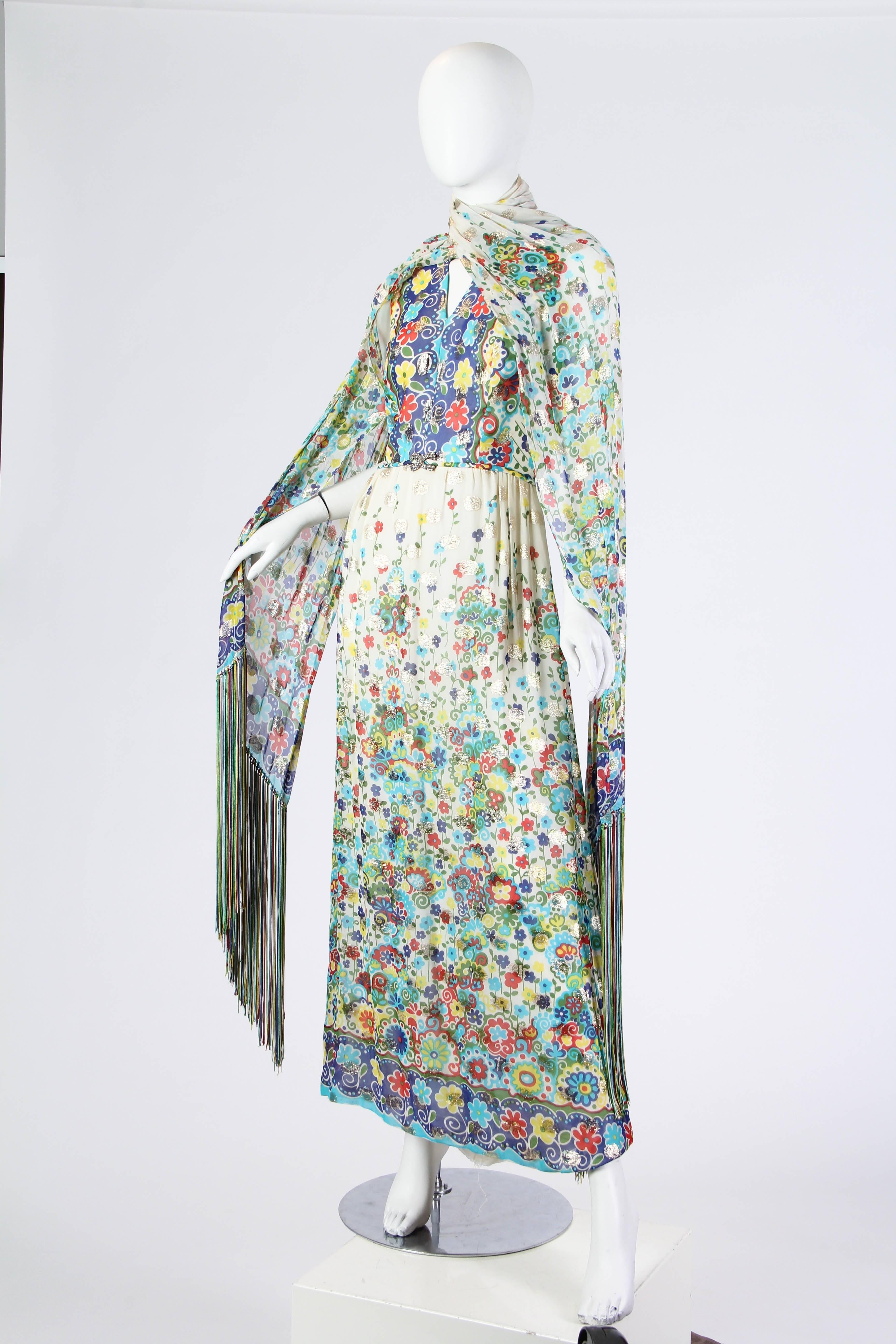 1970s Printed Lamé Chiffon Dress With Fringed Scarf 1