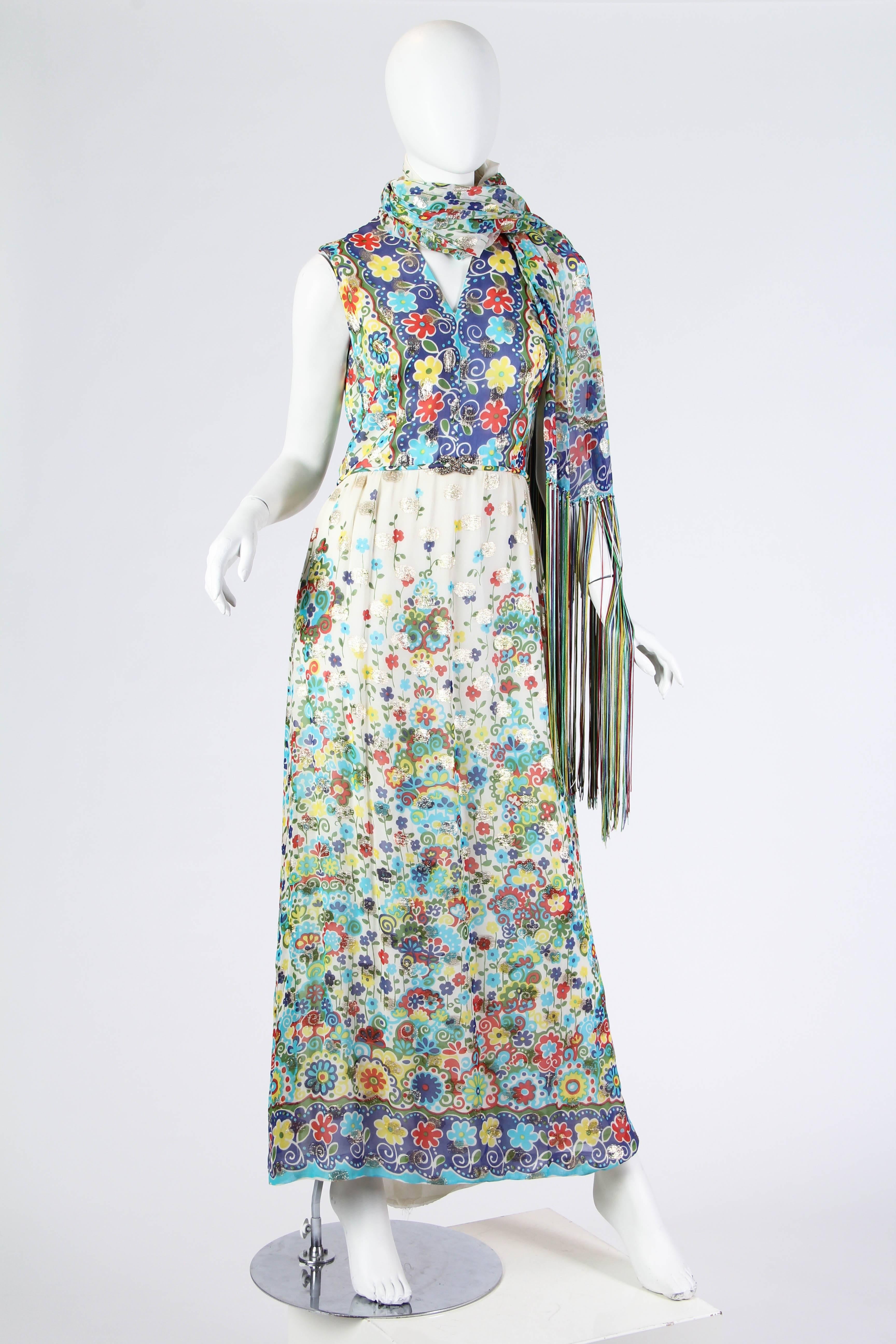 1970s Printed Lamé Chiffon Dress With Fringed Scarf 2