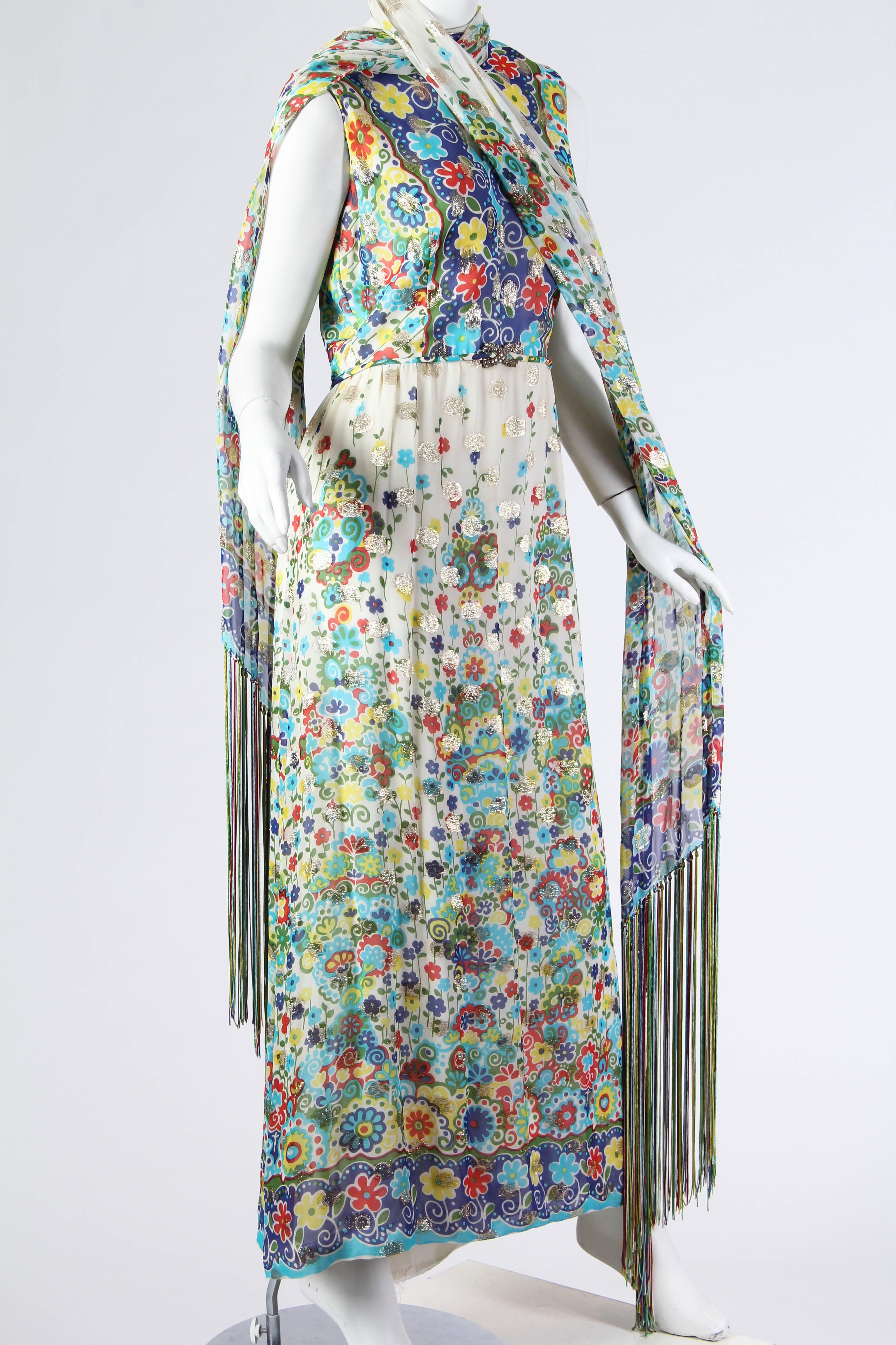 1970s Printed Lamé Chiffon Dress With Fringed Scarf 3