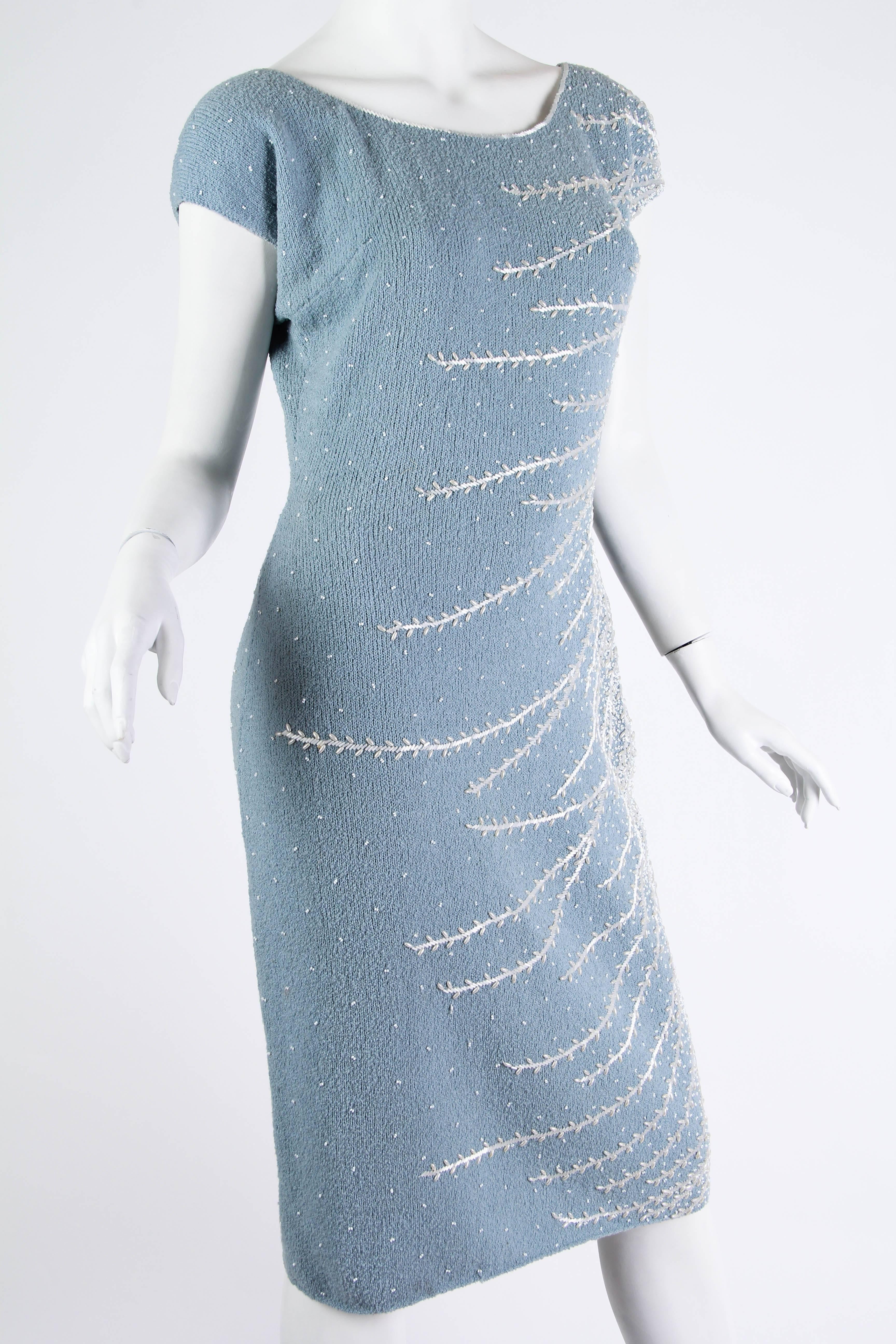 Blue 1950s Beaded Knit Wiggle Dress