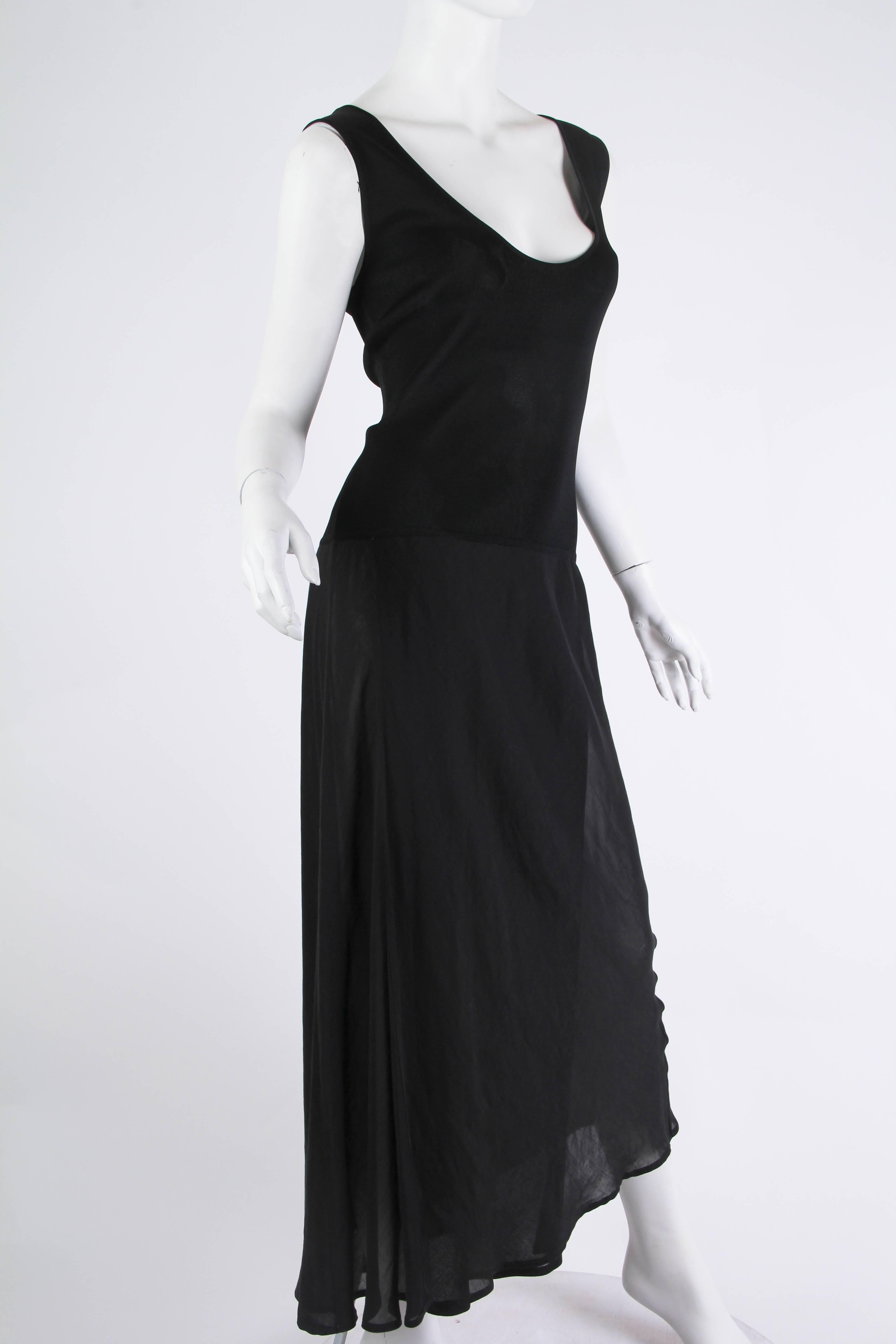 Women's 1990S Black Viscose Knit & Bias Chiffon Minimalist Dress