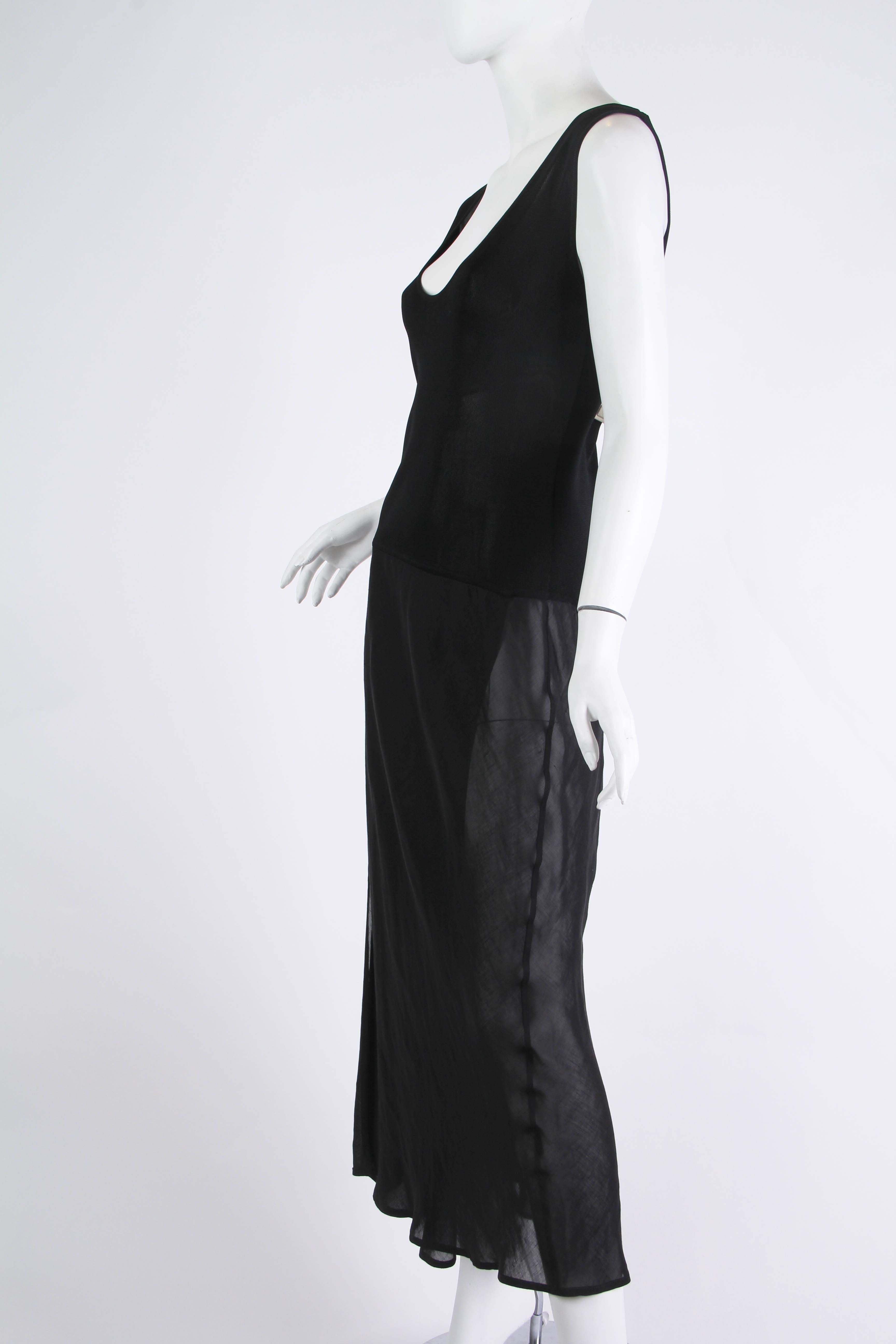 1990S Black Viscose Knit & Bias Chiffon Minimalist Dress 1