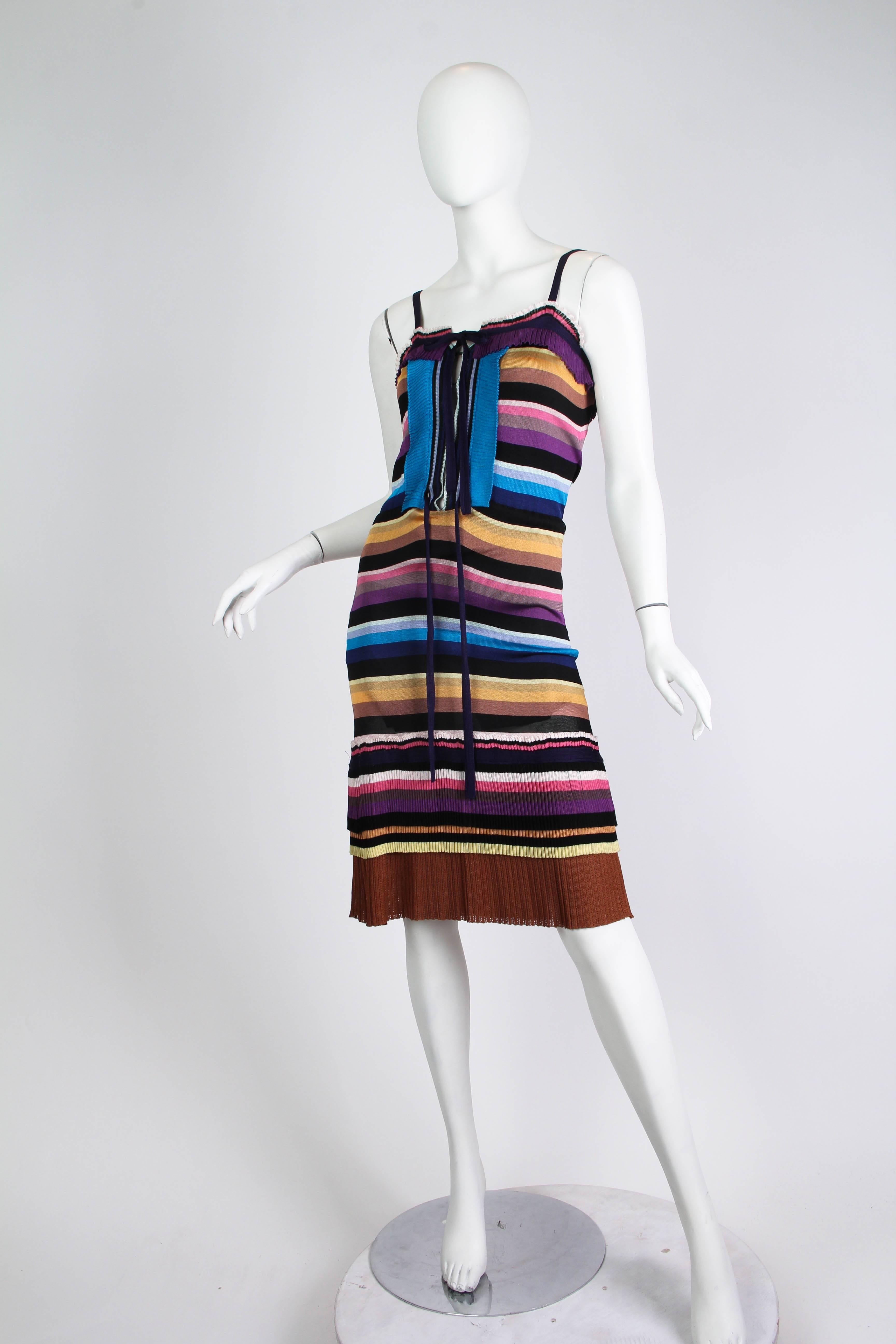 2000S MISSONI Purple & Blue Rayon Knit Stripe Drawstring Waist Dress With Pleat In Excellent Condition In New York, NY