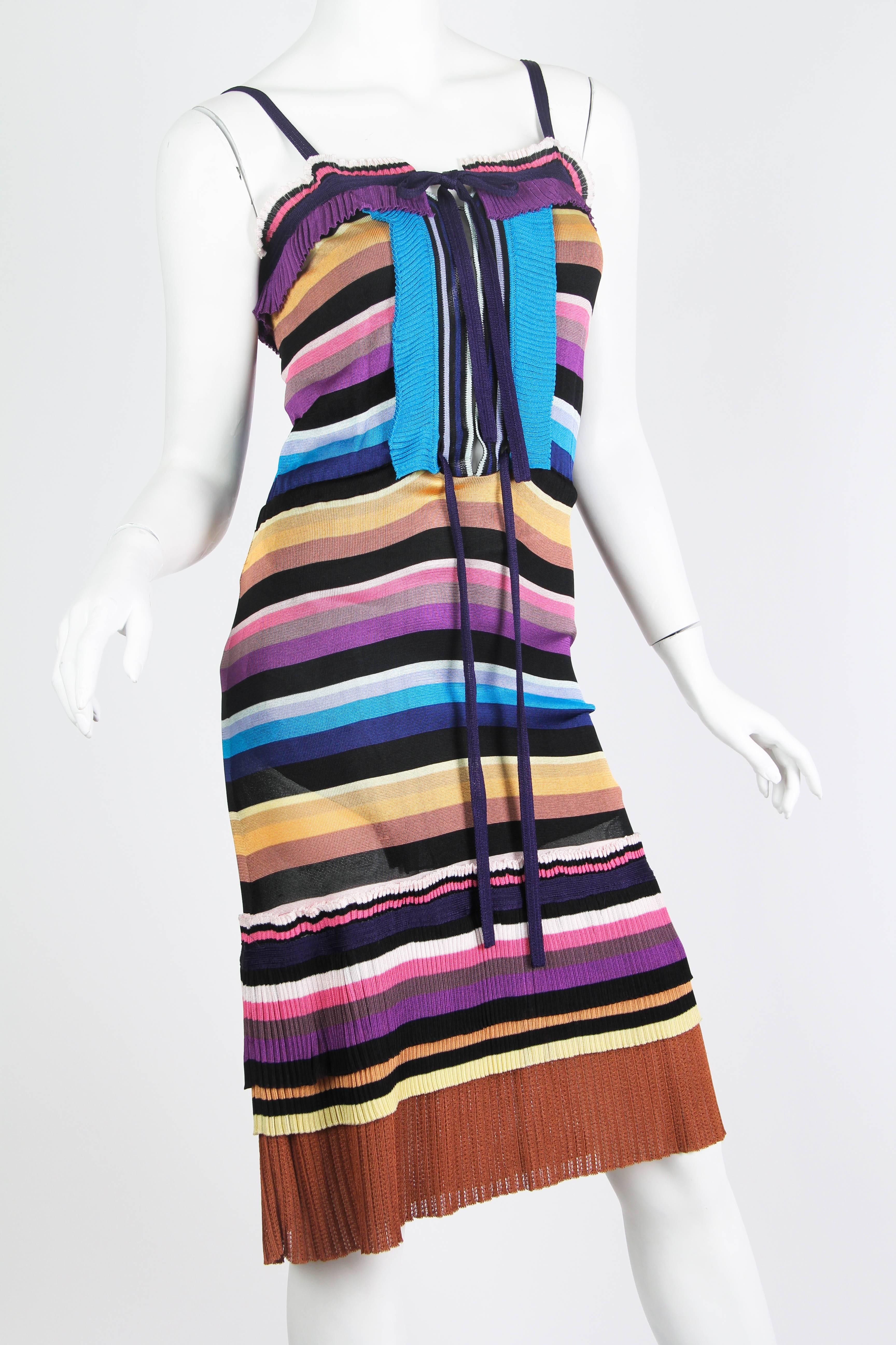 2000S MISSONI Purple & Blue Rayon Knit Stripe Drawstring Waist Dress With Pleated Ruffles