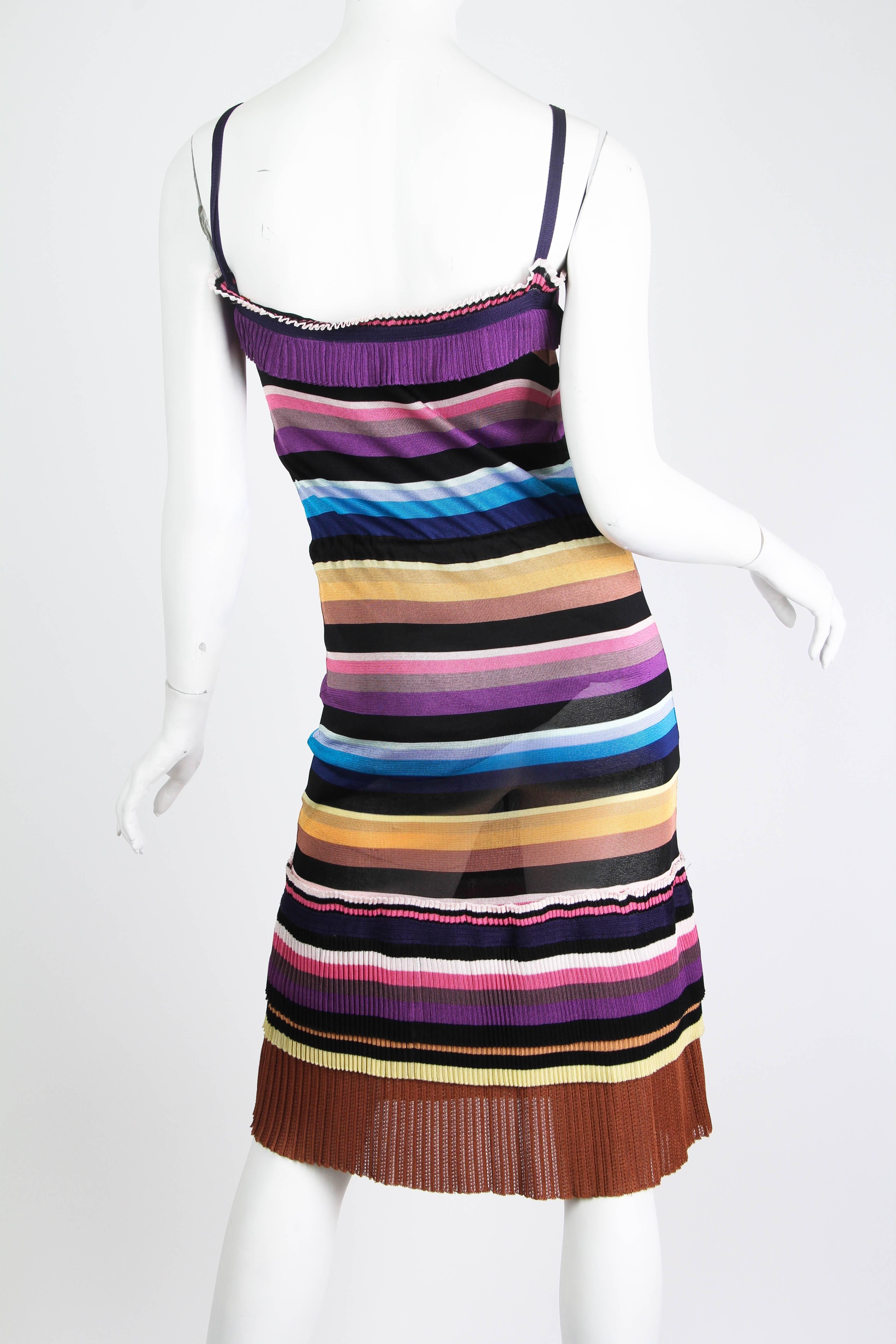 Black 2000S MISSONI Purple & Blue Rayon Knit Stripe Drawstring Waist Dress With Pleat