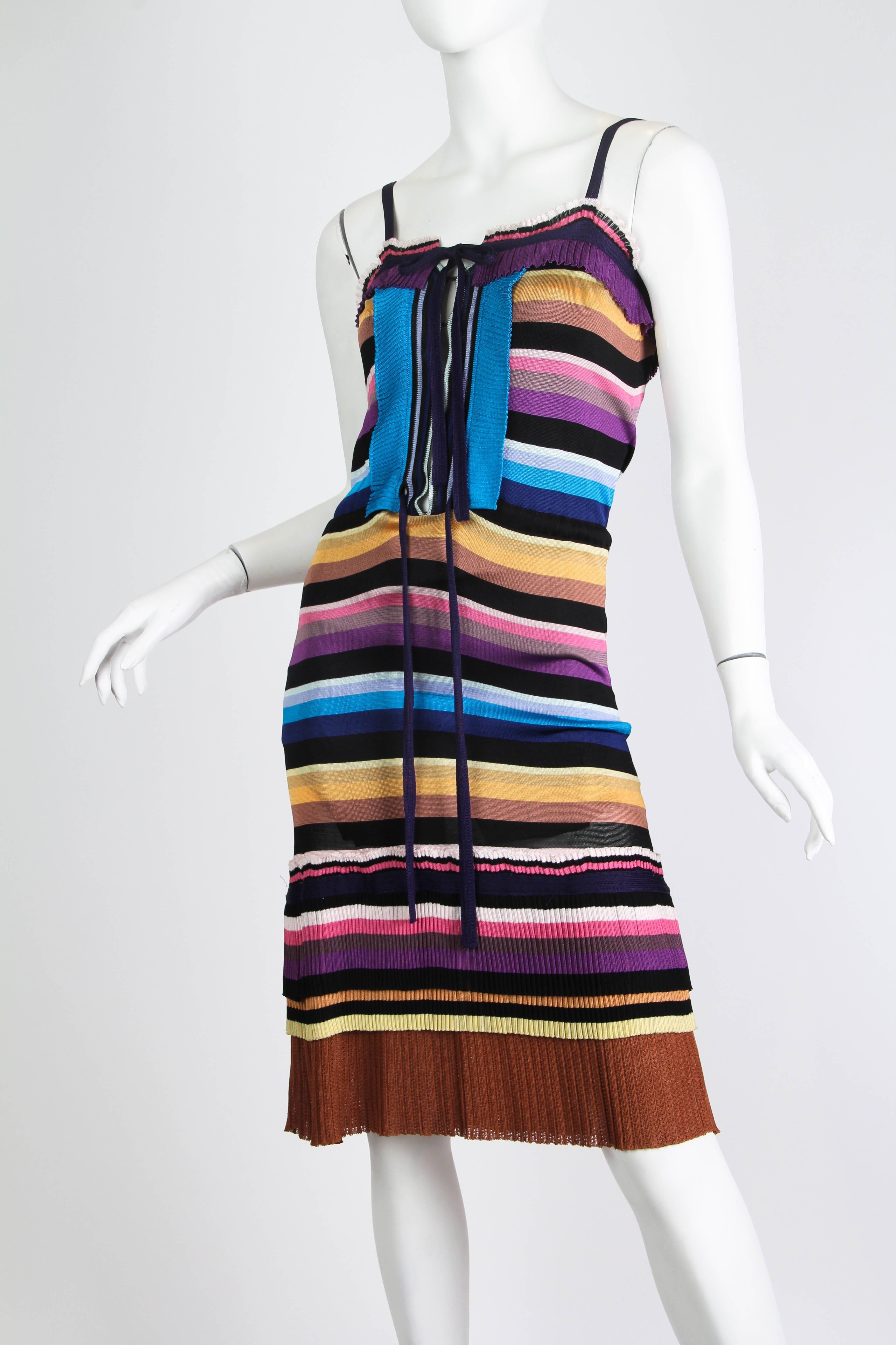 Women's 2000S MISSONI Purple & Blue Rayon Knit Stripe Drawstring Waist Dress With Pleat