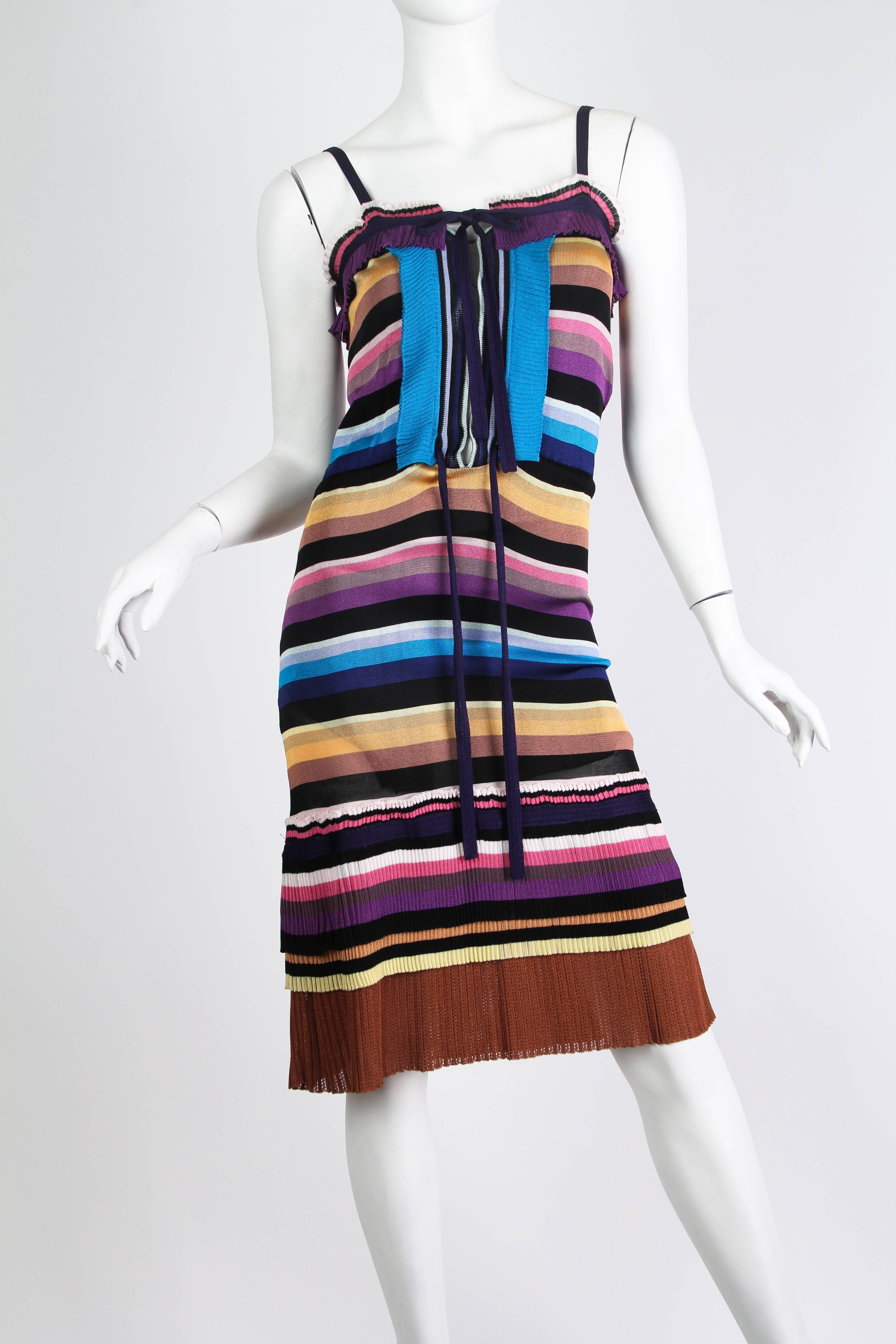2000S MISSONI Purple & Blue Rayon Knit Stripe Drawstring Waist Dress With Pleat 1