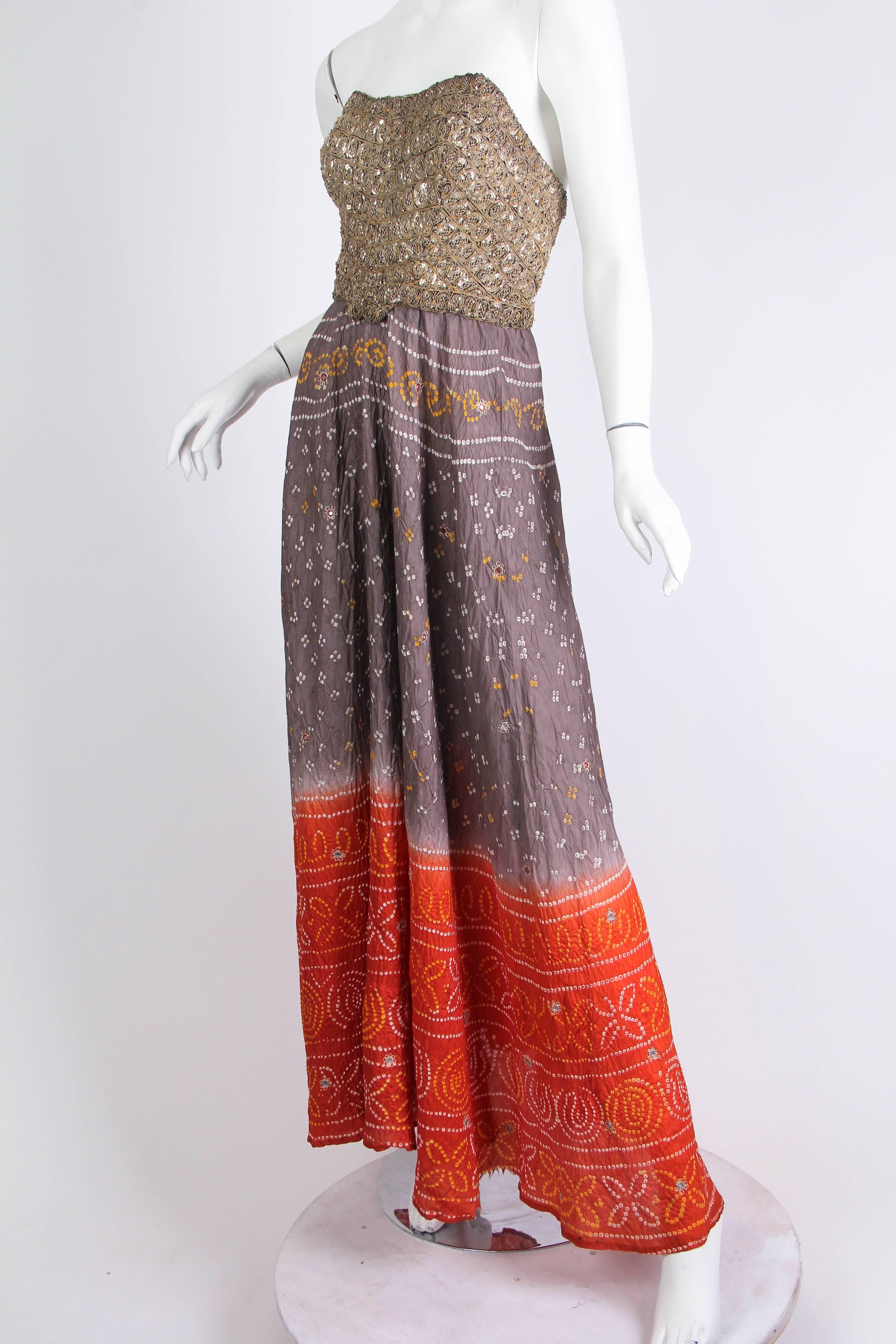 Brown MORPHEW COLLECTION Hand Dyed Shibori Silk & Metalilc Gold Indian Embroidered St For Sale
