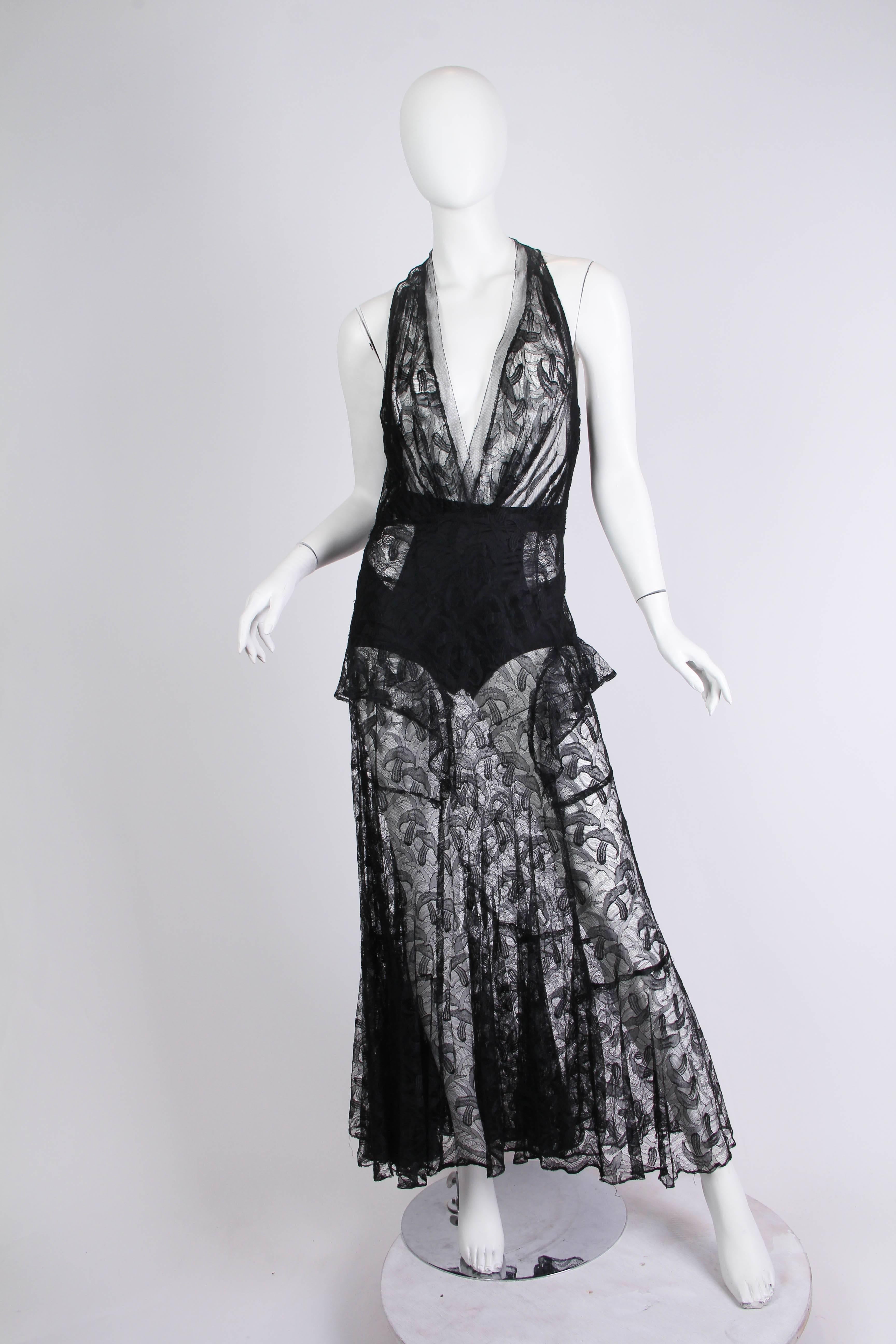 1930s Sheer Black Silk Lace Gown with Mushroom Lace 1